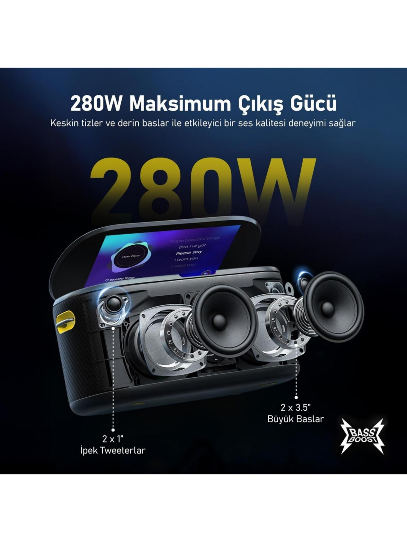 280W gücünde siyah hoparlör, hoparlörlerini ortaya çıkarmak için açık gösterilmiştir.
