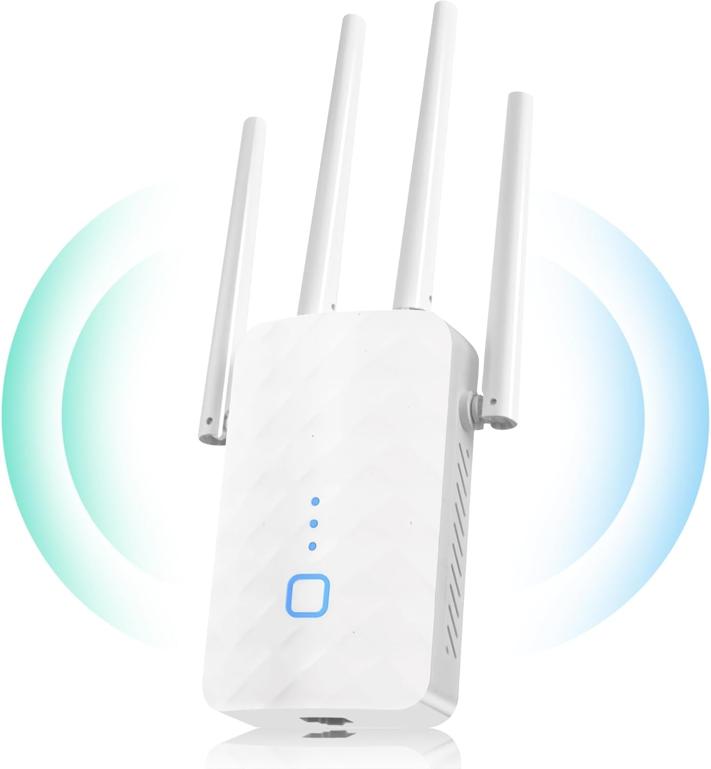 Ein weißer WLAN-Router mit drei Antennen und blauen Wellensymbolen.