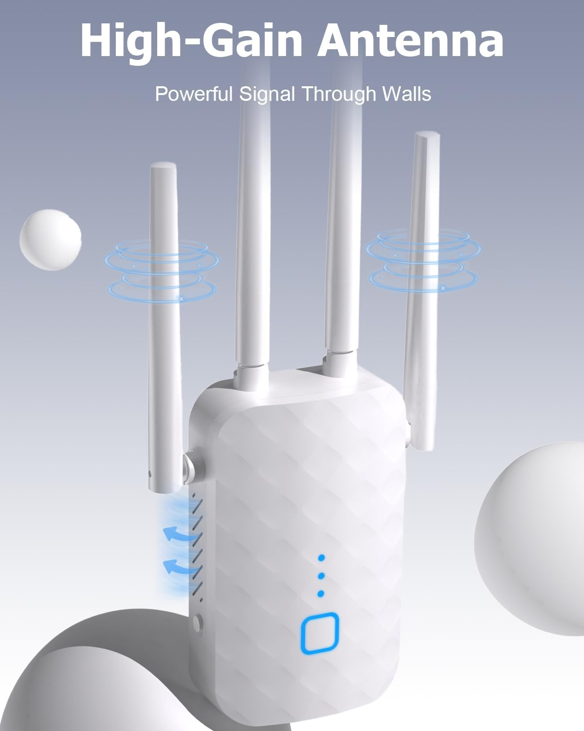 Ein weißer WLAN-Extender mit drei Antennen und blauen Signalwellen.
