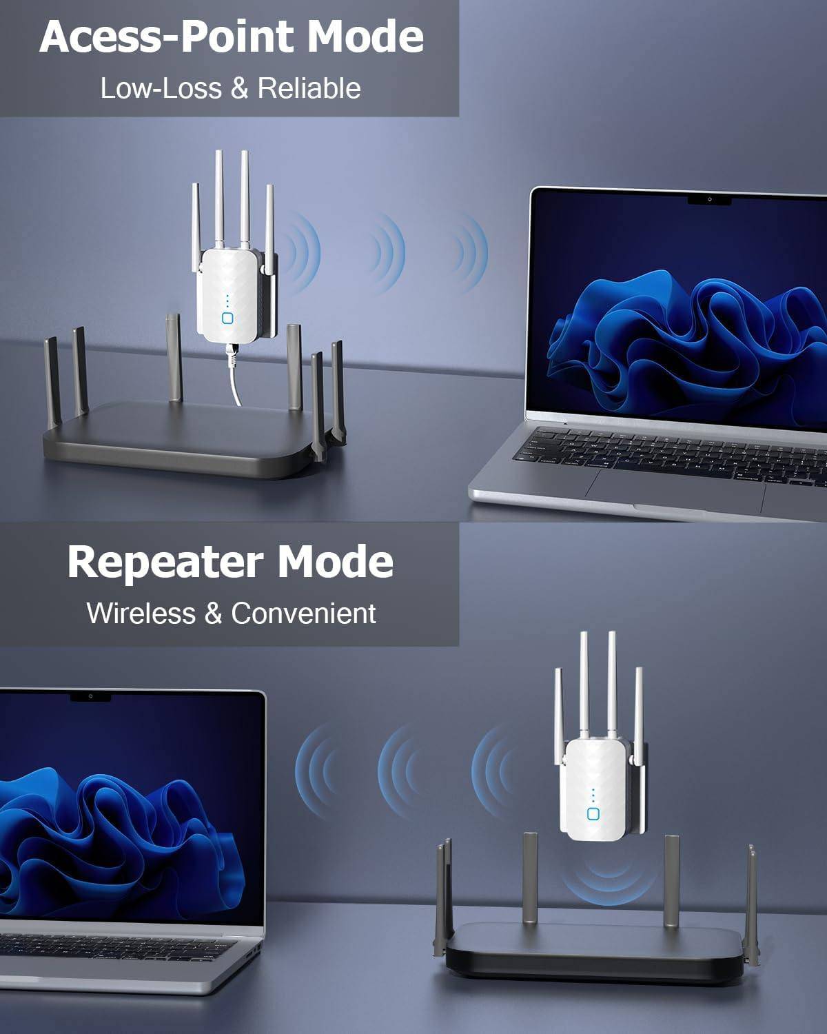 Ein WLAN-Repeater und ein Laptop mit blauem Hintergrund werden gezeigt.