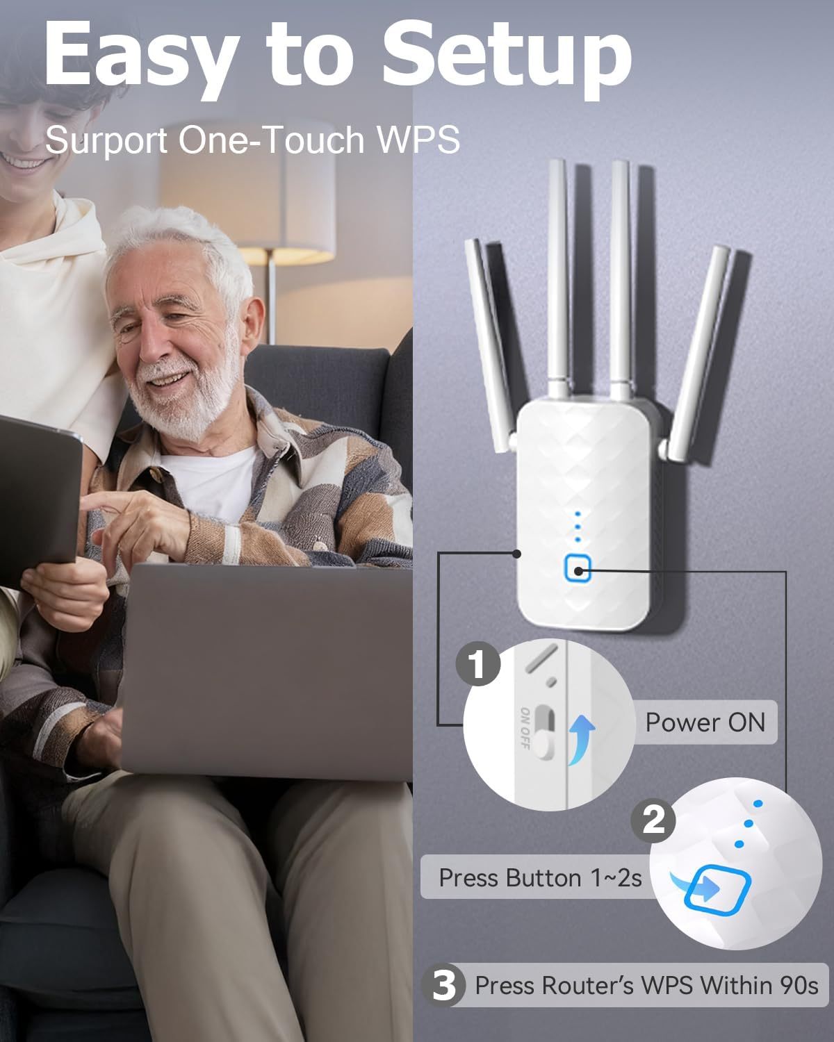 Ein Mann und ein Junge benutzen einen Laptop. Ein WLAN-Verstärker mit Anleitungsdiagramm.