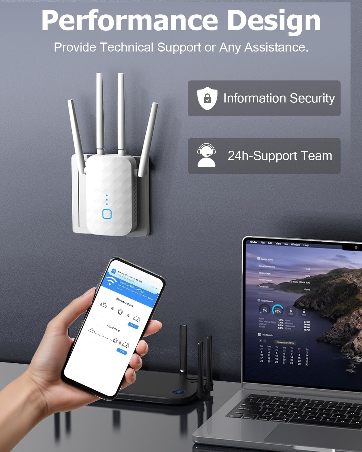 Ein weißer WLAN-Repeater ist eingesteckt. Eine Hand hält ein Smartphone mit WLAN-Einstellungen. Ein Laptop ist daneben.
