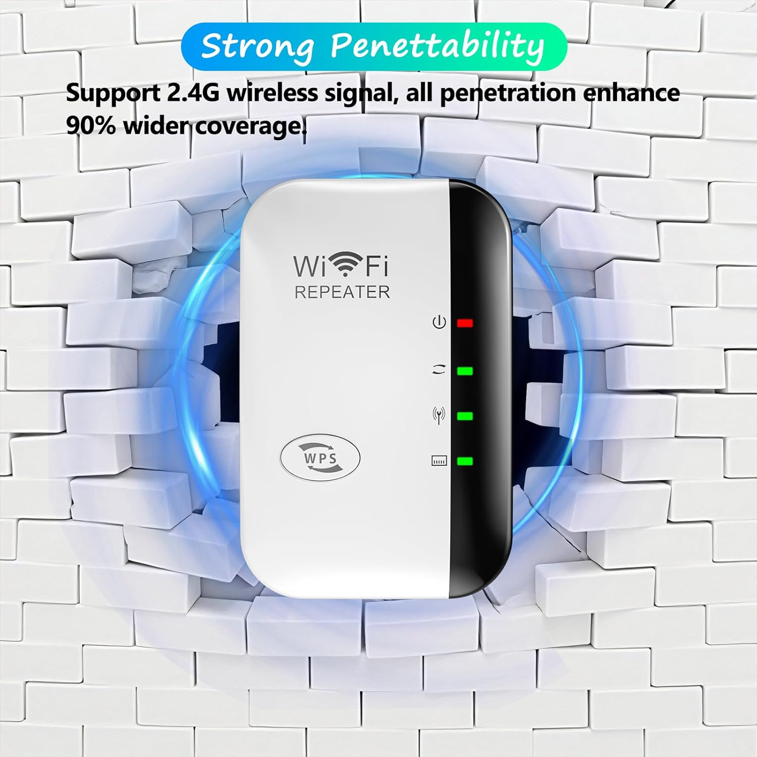 Ein weißer WLAN-Repeater mit blauen Signalen, der durch eine weiße Ziegelwand dringt.