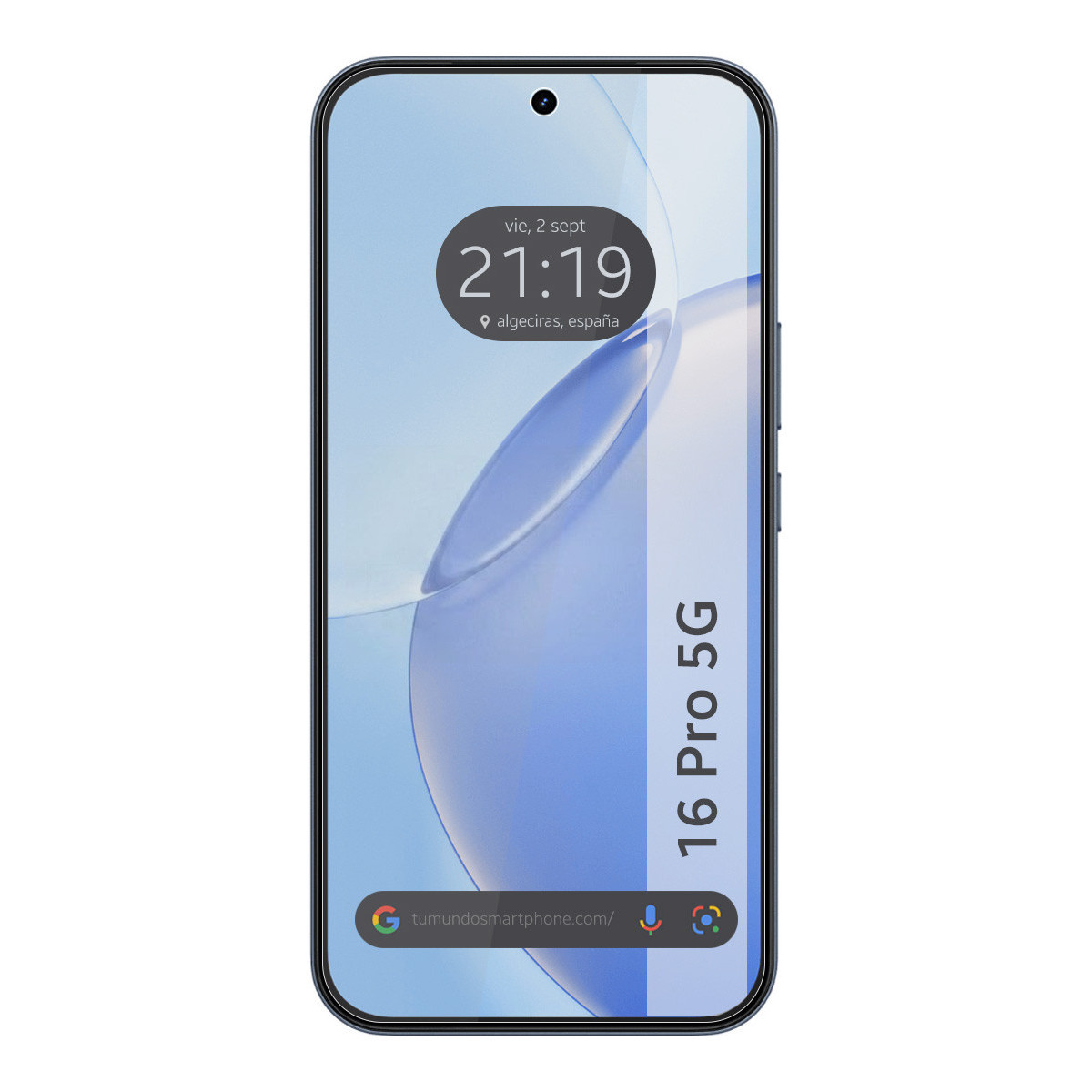 Un smartphone que muestra un fondo azul con la hora 21:19.