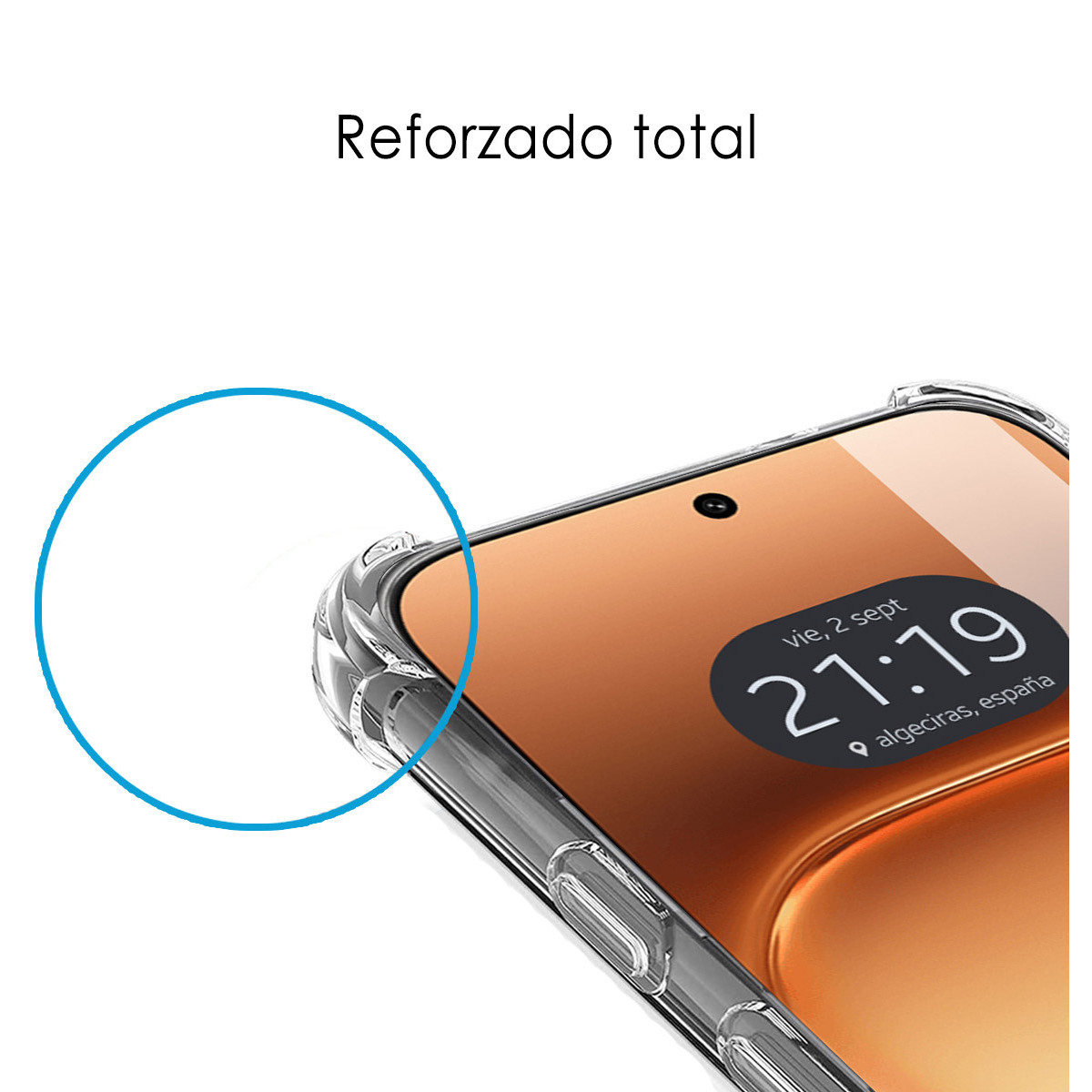 Funda transparente para teléfono con esquinas reforzadas.