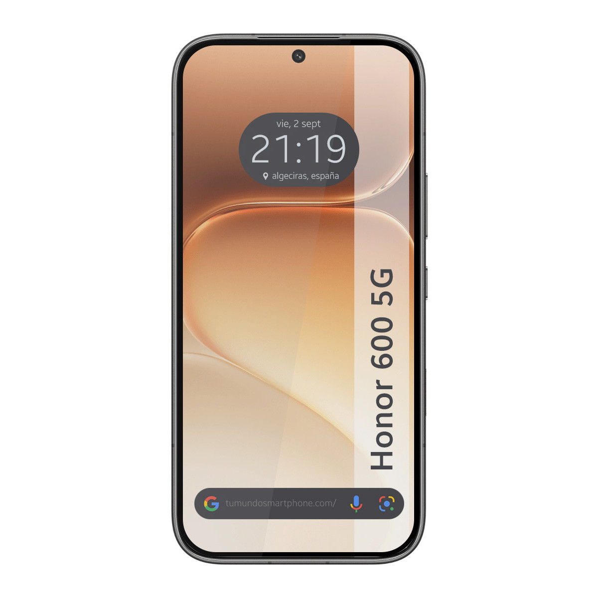 Un smartphone Honor 600 5G negro mostrando un fondo estilizado.