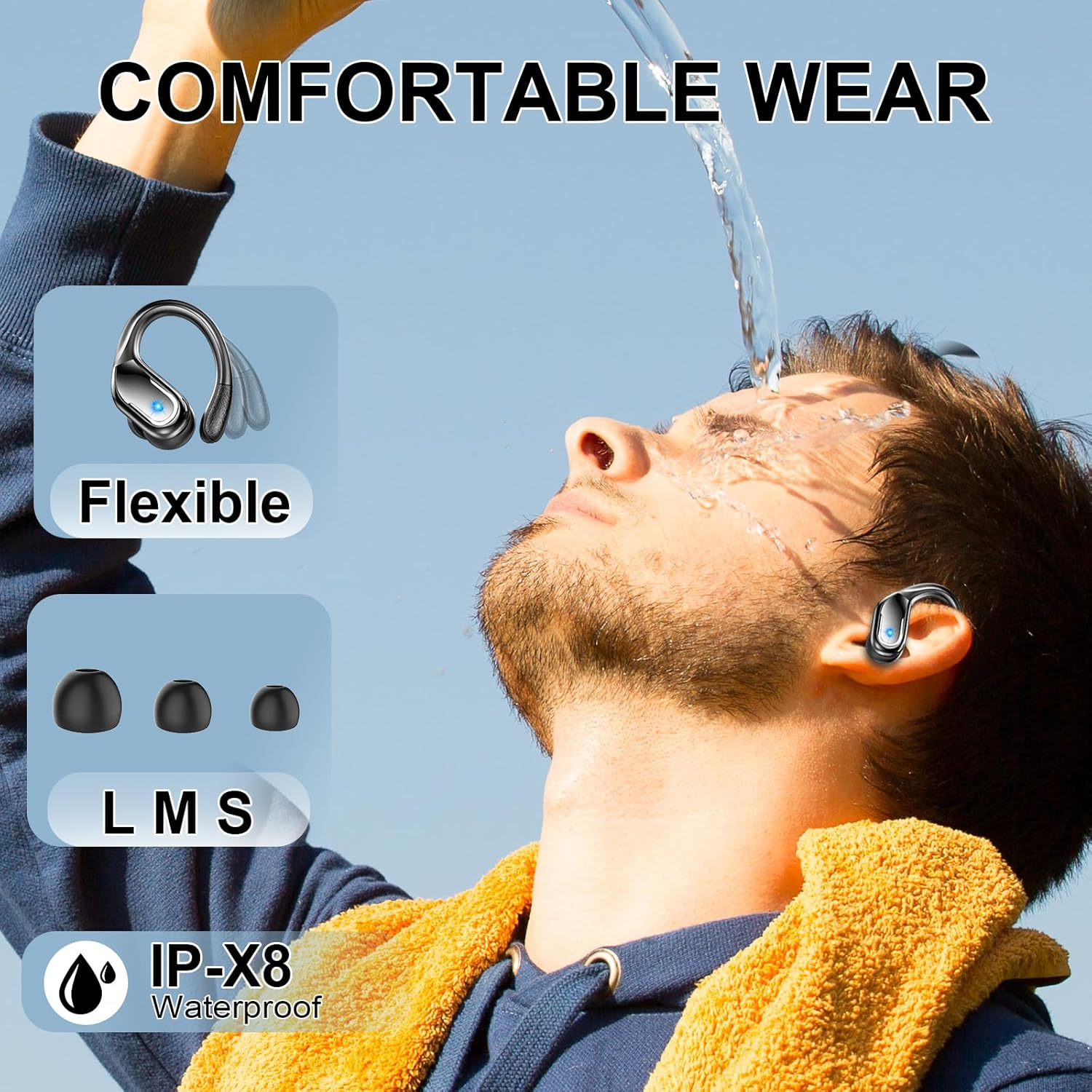 Mann mit Kopfhörern, Wasser fließt auf sein Gesicht. IPX8 wasserdicht.