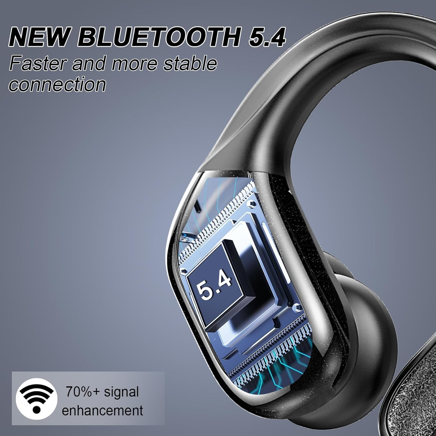 Nahaufnahme eines kabellosen Kopfhörers mit Bluetooth 5.4 Chip und Signalverstärkung.