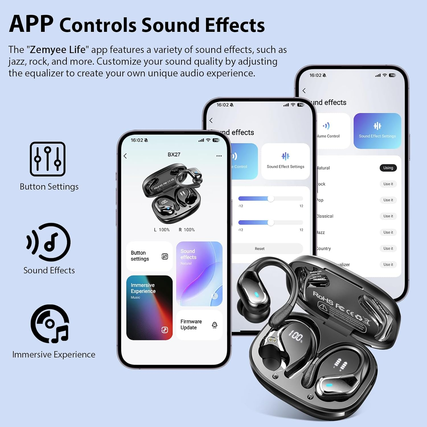 App-Steuerung für Soundeffekte mit Kopfhörern und EQ-Einstellungen auf dem Handy.