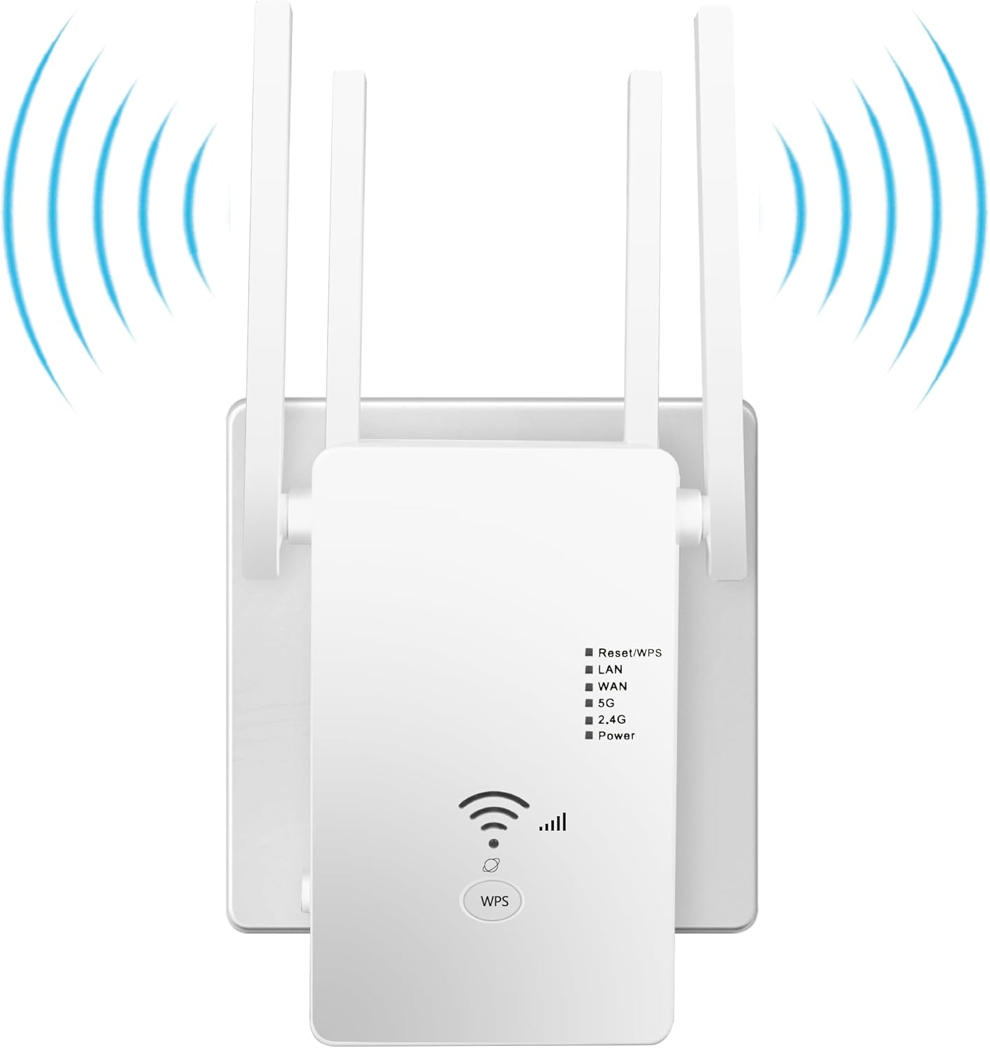 Ein weißer WLAN-Repeater mit zwei Antennen und blauen Wellen.