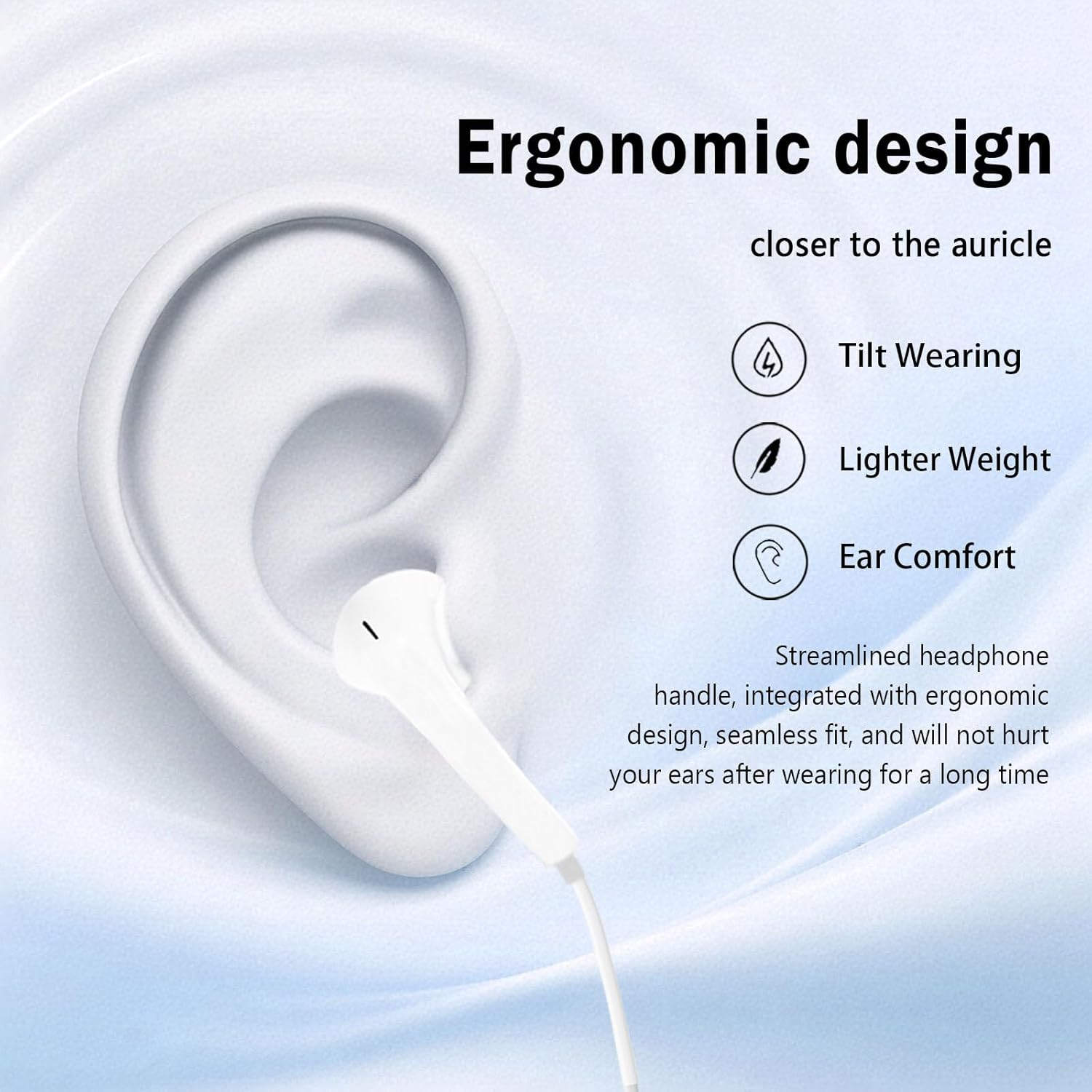Weiße Ohrhörer im Ohr, ergonomisches Design für Komfort, Neigung und geringes Gewicht.