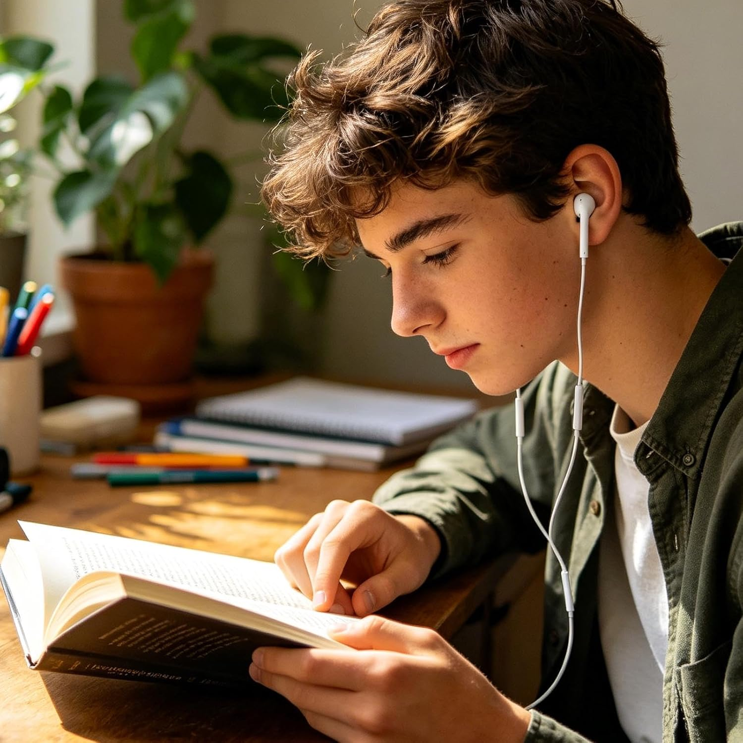 Ein Junge mit Kopfhörern liest ein Buch am Schreibtisch, Pflanzen im Hintergrund.