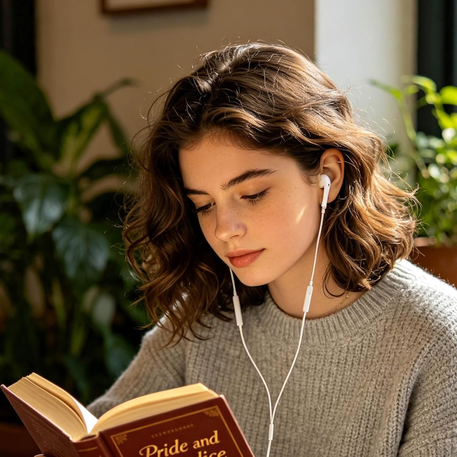 Junge Frau mit Kopfhörern liest ein Buch in einem gemütlichen Raum mit Pflanzen.