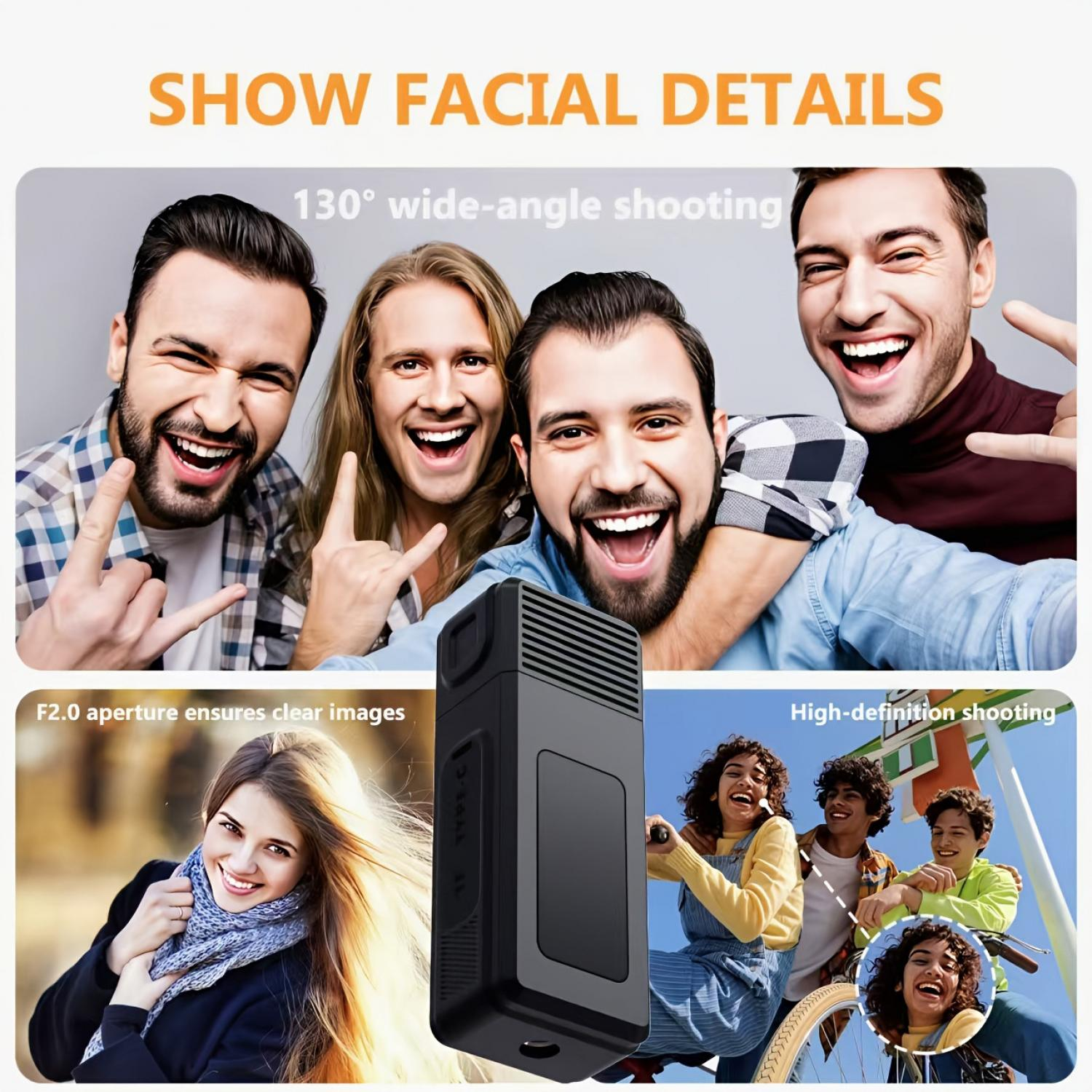 Vier lächelnde Menschen, eine Frau mit Schal und eine schwarze Kamera. Text: SHOW FACIAL DETAILS.