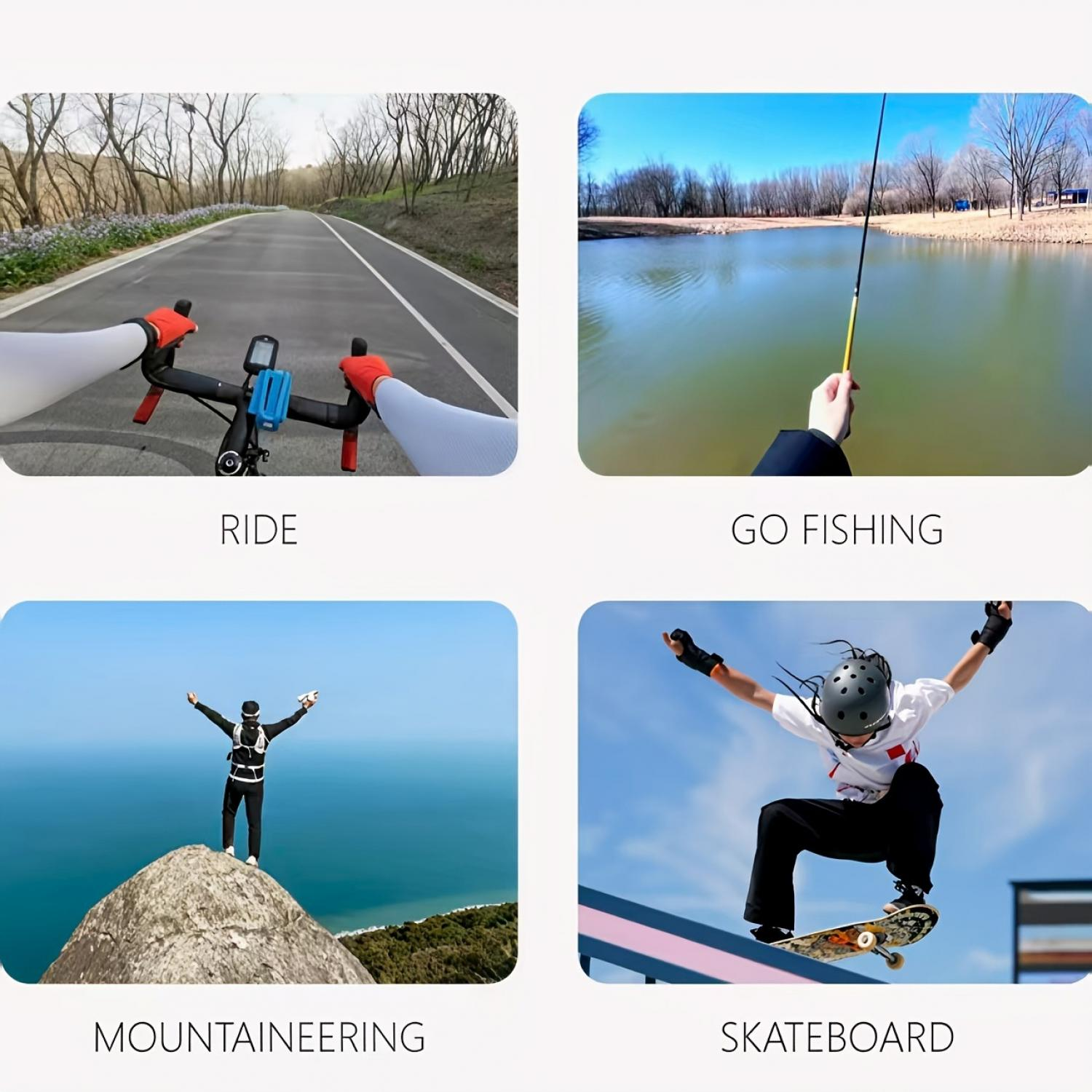 Fahrradtour auf einer Straße, Angeln an einem See, Bergsteigen auf einem Felsen, Skateboarden auf einer Rampe.
