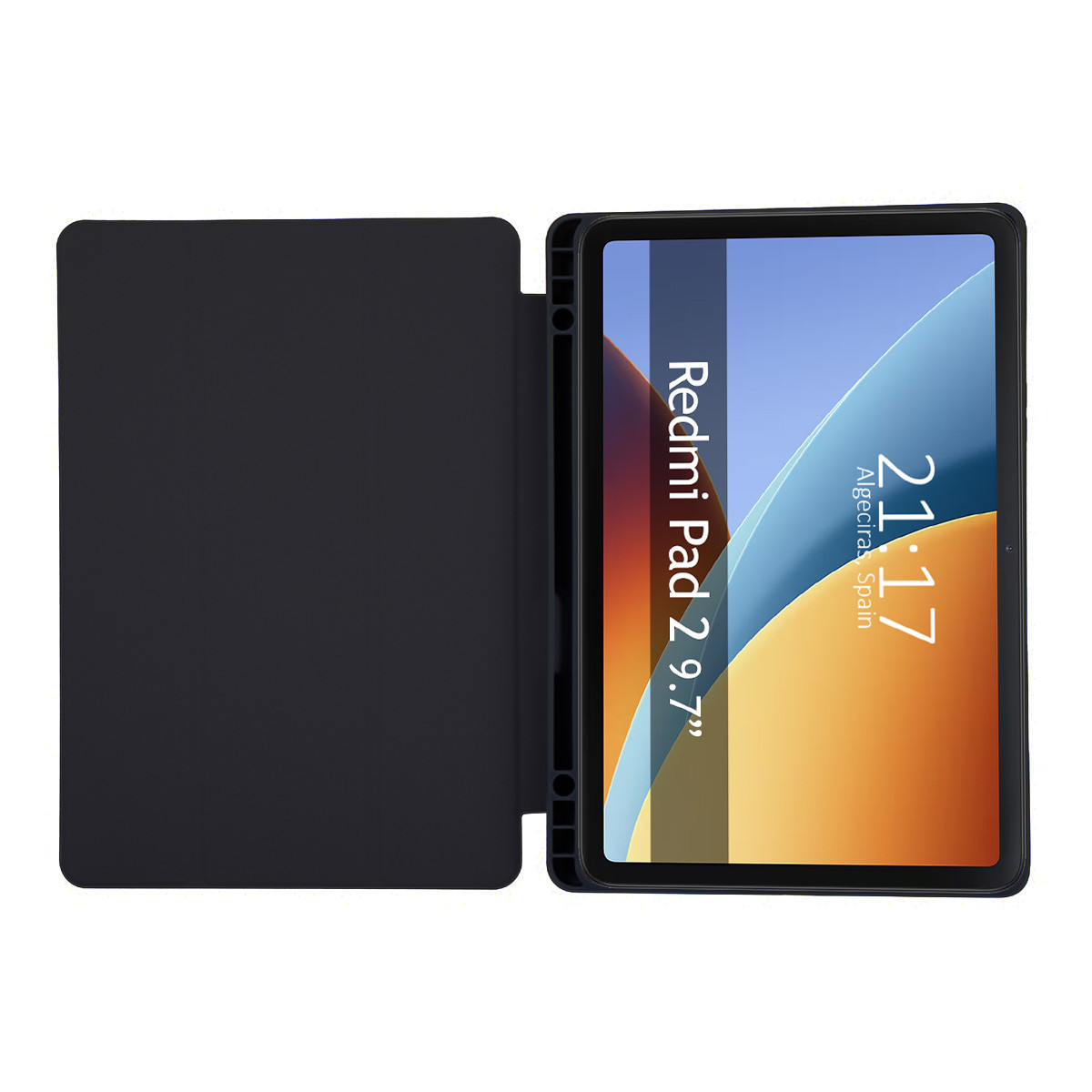 Una tablet negra con funda protectora abierta. La pantalla muestra la hora 21:17.
