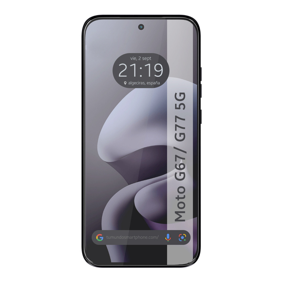 Un smartphone muestra "Moto G67/G77 5G". La hora es 21:19.