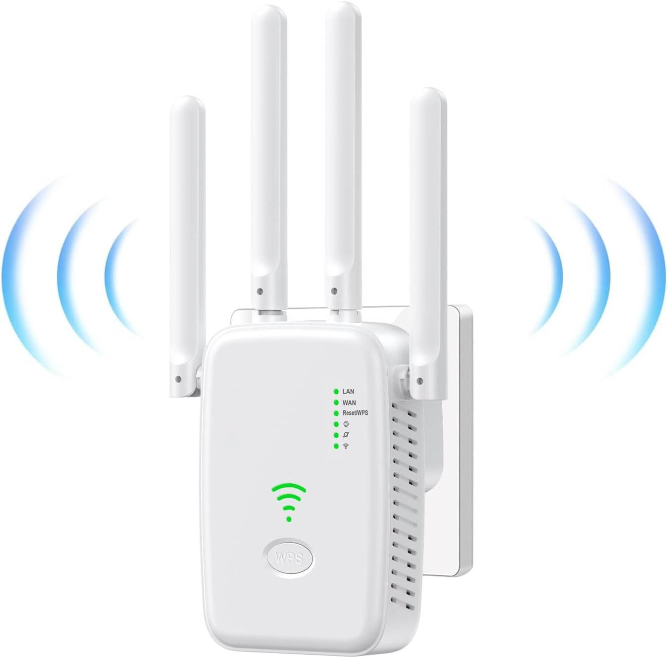 Weißer WLAN-Extender mit 4 Antennen, Kontrollleuchten und WPS-Taste.