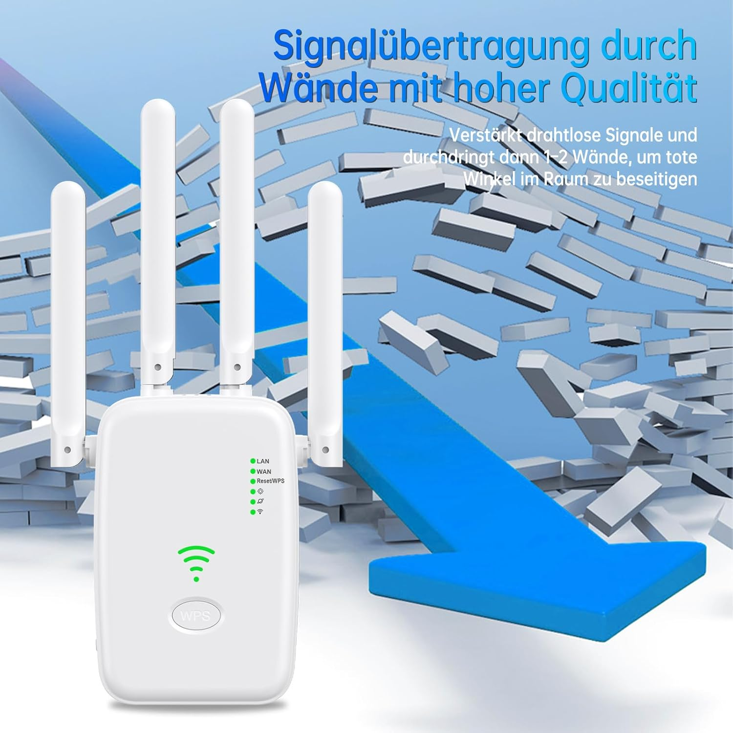 Ein weißer WLAN-Repeater mit Antennen und Statusleuchten, vor einer blauen Wand mit Blöcken.