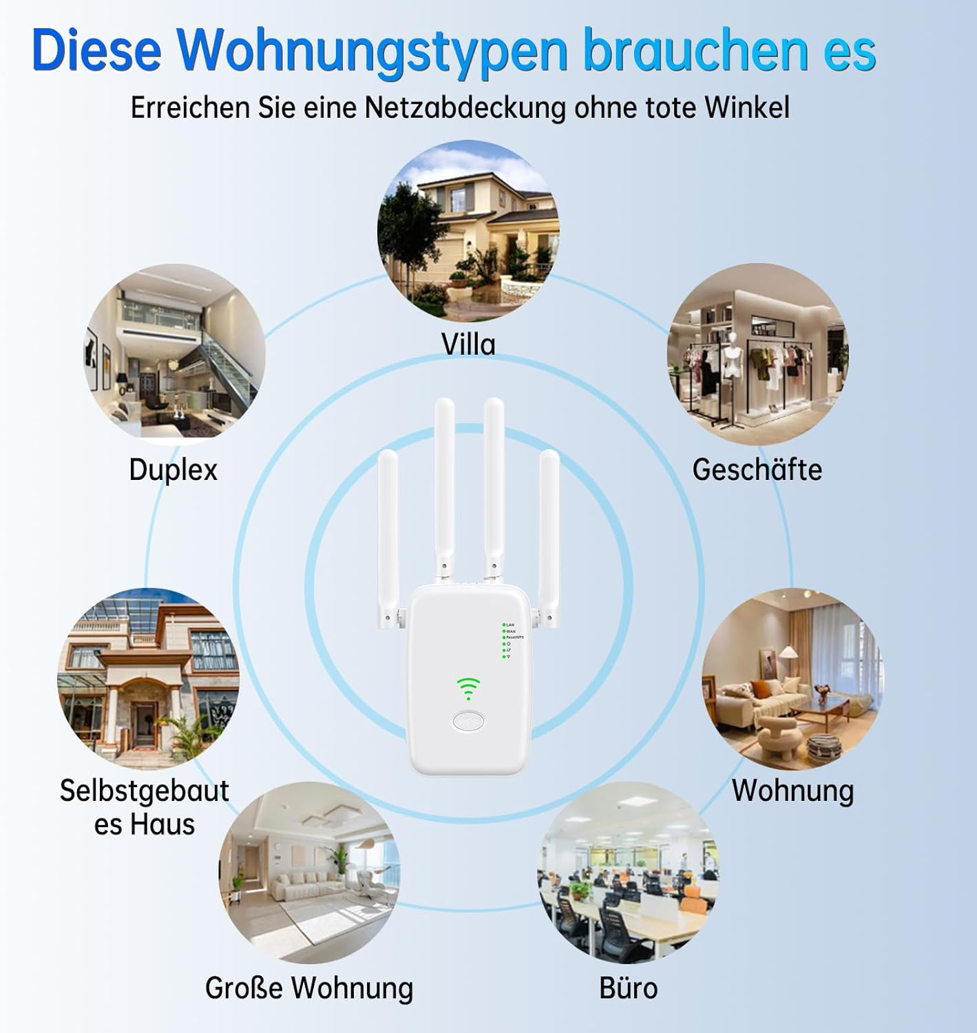 Ein WLAN-Repeater verbindet verschiedene Wohnungen, Villen, Geschäfte, Büros und Häuser.