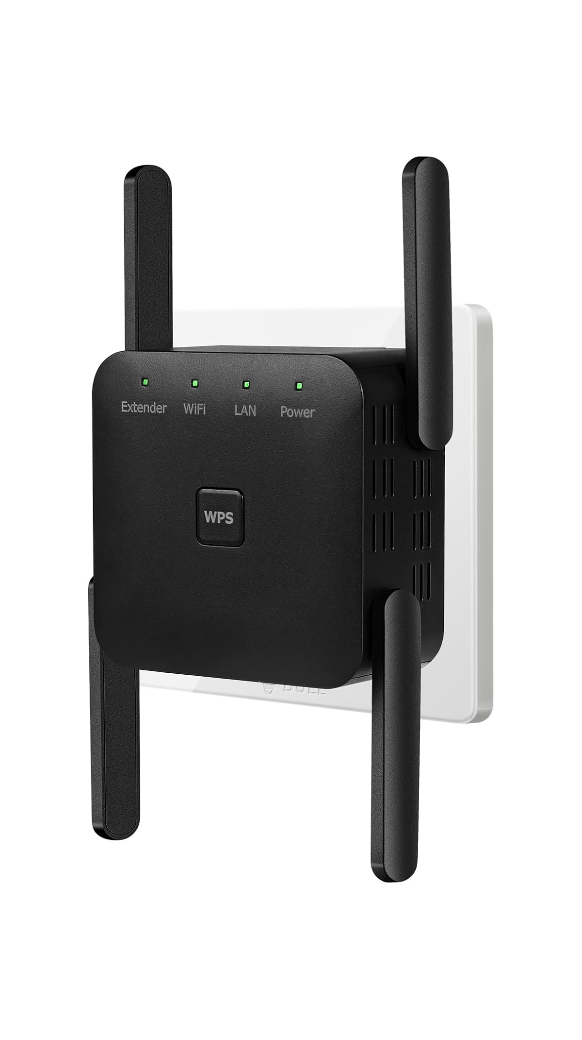 Schwarzer WLAN-Extender mit Antennen, eingesteckt in weiße Steckdose.