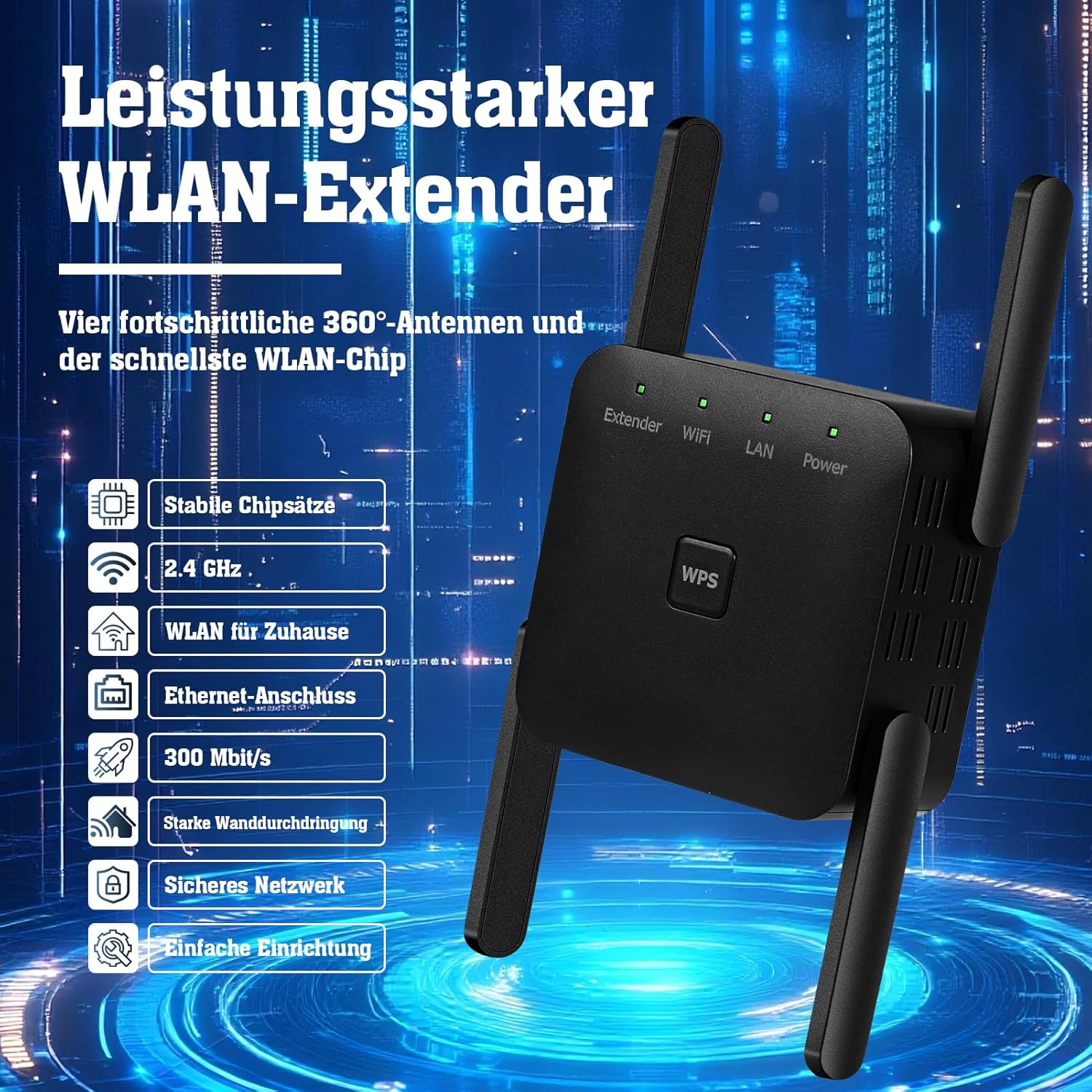 Schwarzer WLAN-Extender mit vier Antennen, WPS-Taste und LED-Anzeigen.