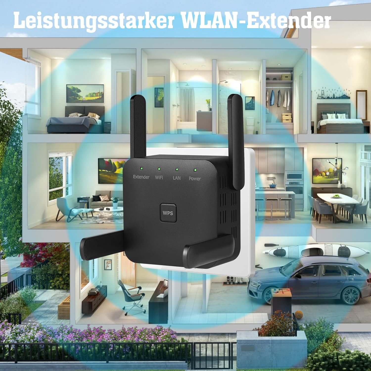 Ein WLAN-Extender in einem Hausmodell, das verschiedene Räume zeigt.