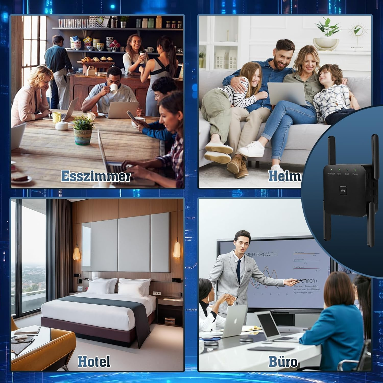Vier Szenen: Esszimmer, Heim, Hotel, Büro. Ein WLAN-Extender ist sichtbar.