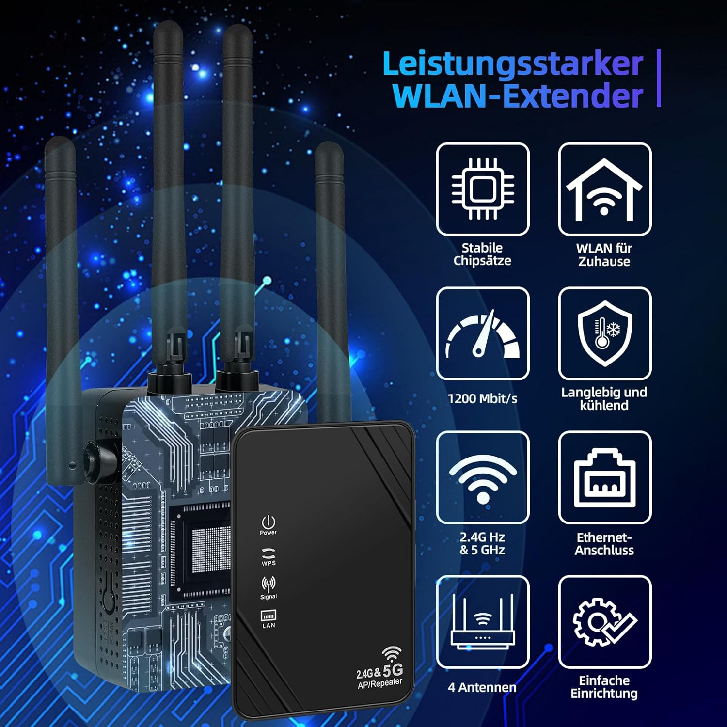 Leistungsstarker WLAN-Extender mit 4 Antennen, 1200 Mbit/s, 2.4/5 GHz, LAN.