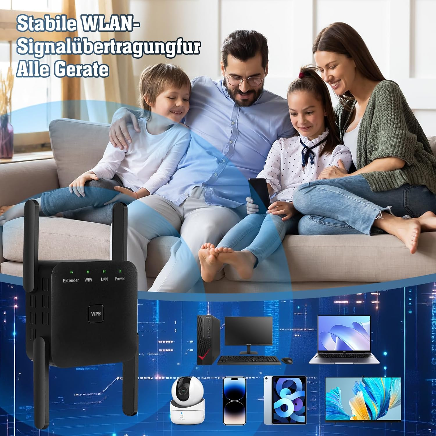 Familie auf Sofa, WLAN-Extender und diverse Geräte.