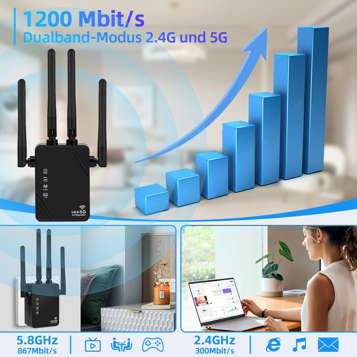 Netzwerk-Repeater mit Antennen, Balkendiagramm, Frau am Laptop, 1200 Mbit/s.