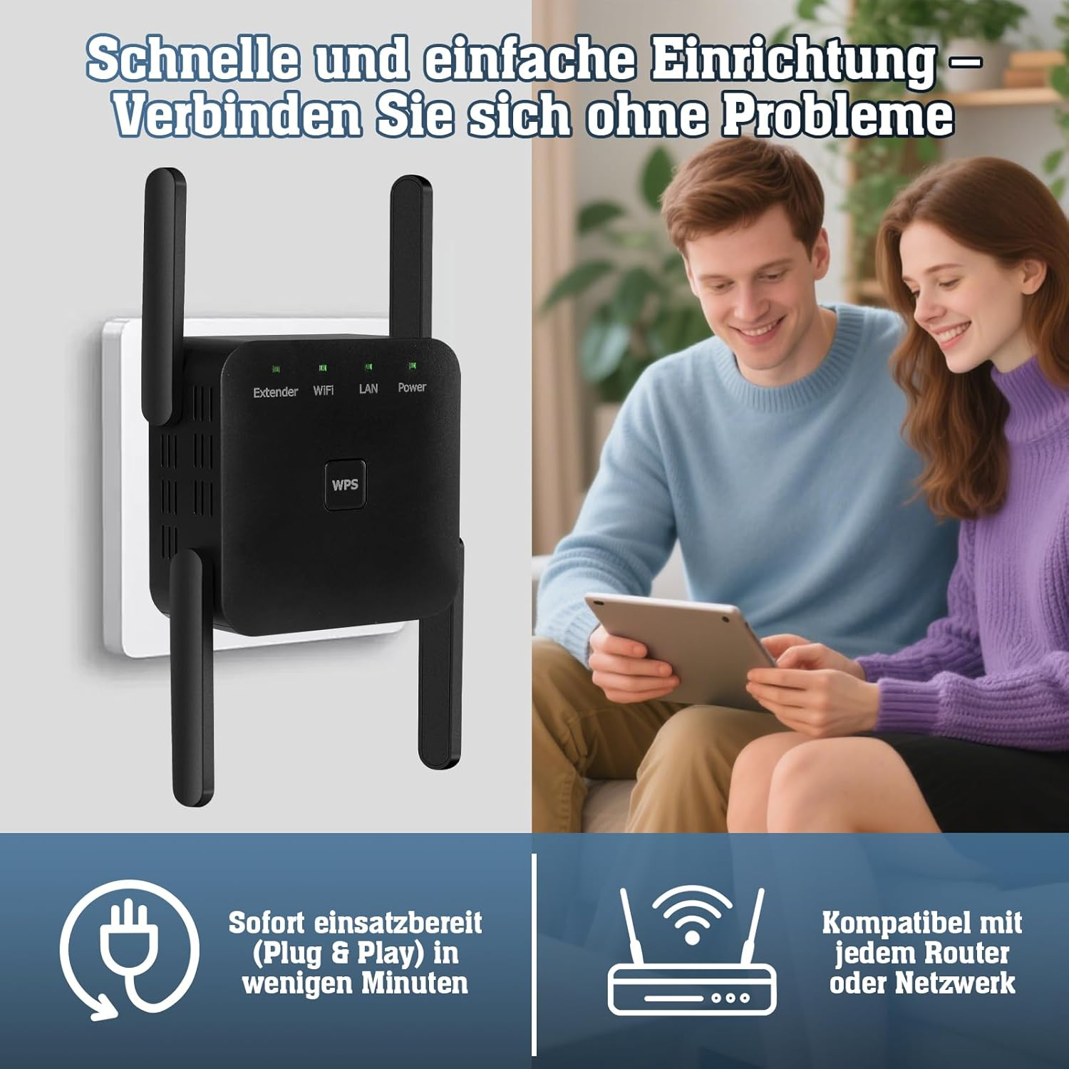 Ein Paar schaut auf ein Tablet, während ein WLAN-Extender an der Wand steckt.