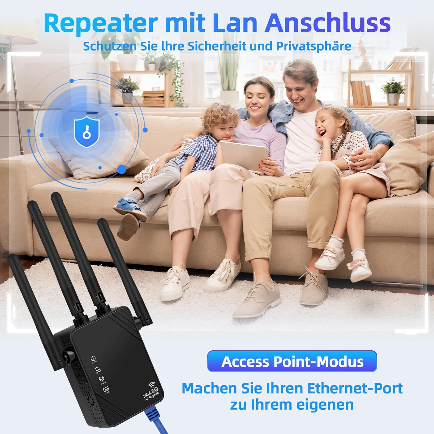 Familie schaut auf Tablet, WLAN-Repeater im Vordergrund.