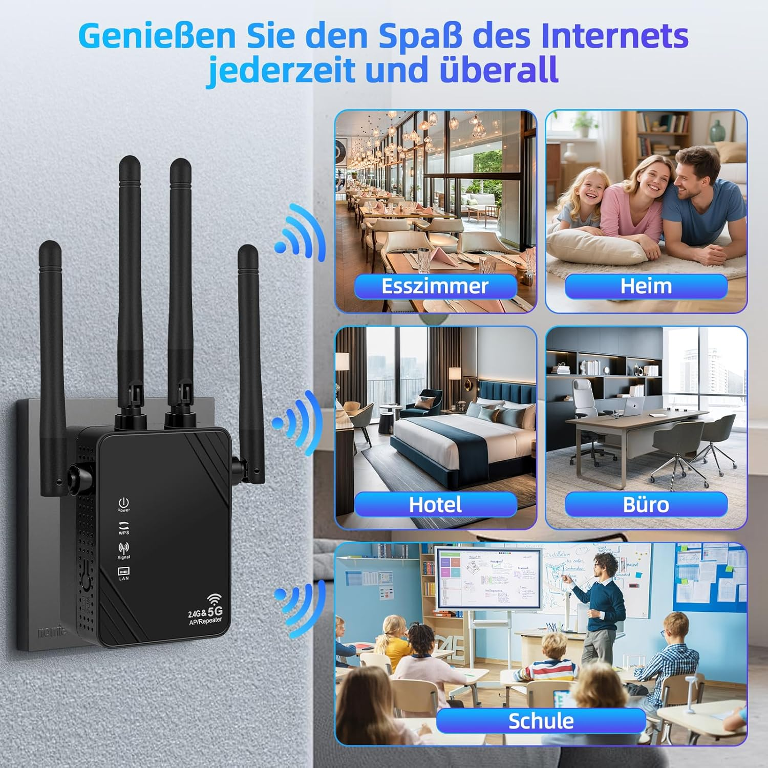WLAN-Verstärker mit Antennen und Icons für Esszimmer, Heim, Hotel, Büro und Schule.