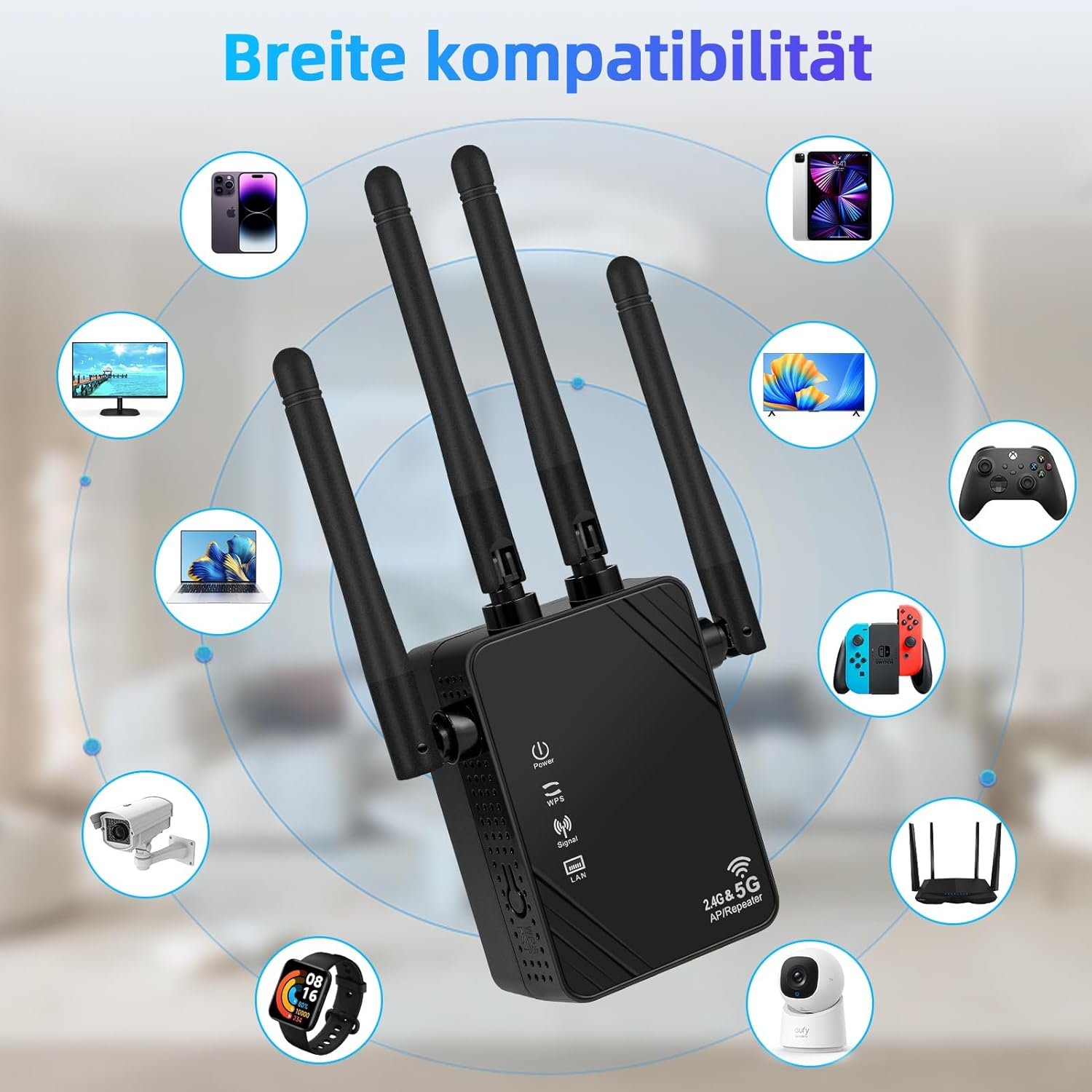 Ein schwarzer WLAN-Repeater mit Antennen, umgeben von Icons von Telefonen, Tablets, PCs, Fernsehern, Kameras und Spielekonsolen.