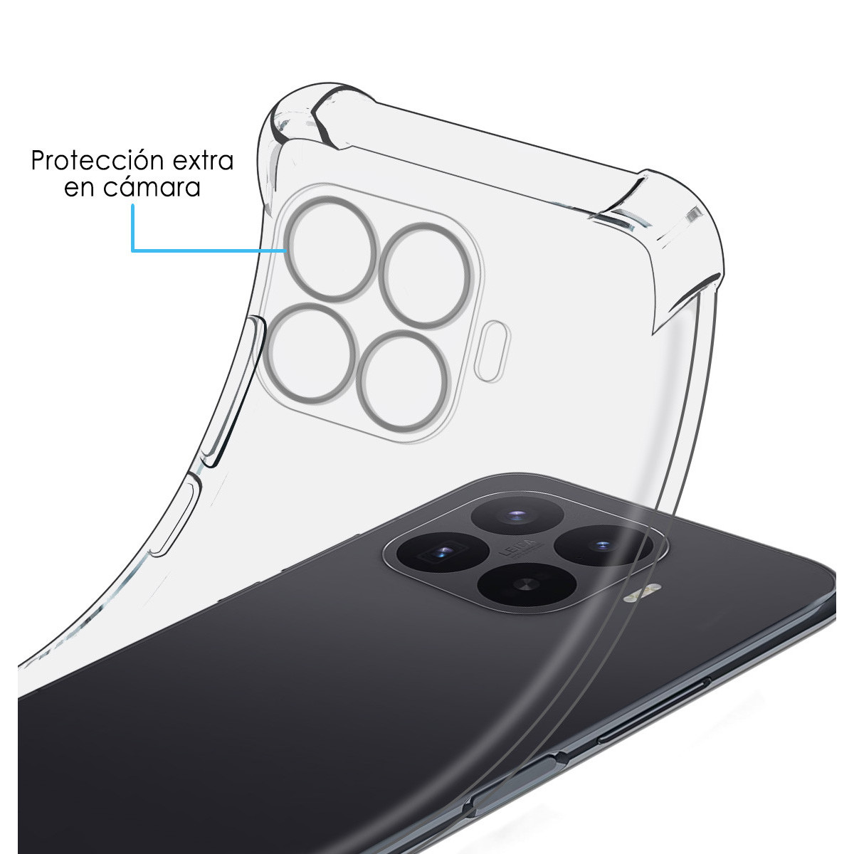 Funda transparente protege la cámara cuádruple de un teléfono oscuro.