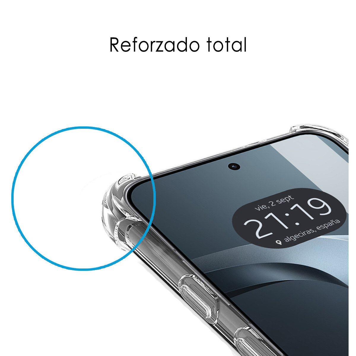 Funda transparente para móvil con esquinas reforzadas, hora 21:19.