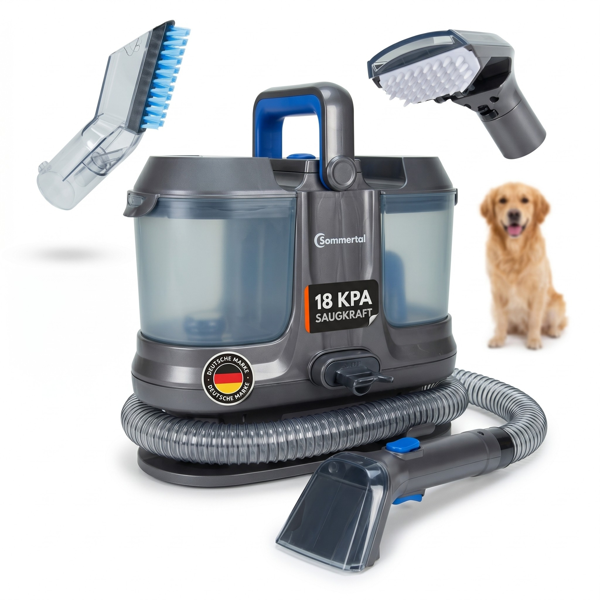 Ein grauer Teppichreiniger mit Zubehörteilen und einem Golden Retriever im Hintergrund.