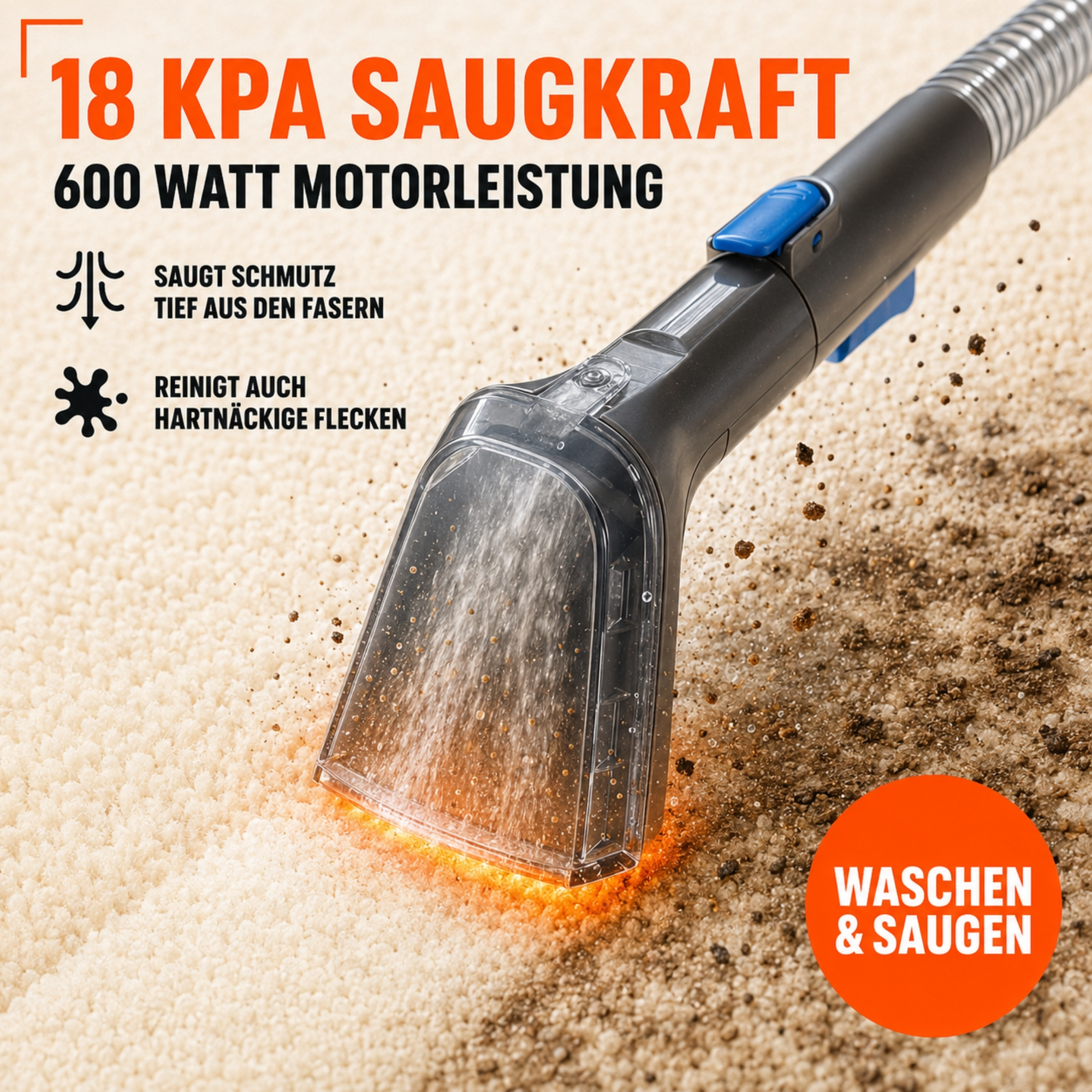Ein Staubsaugeraufsatz reinigt einen hellen Teppich von Schmutzpartikeln.