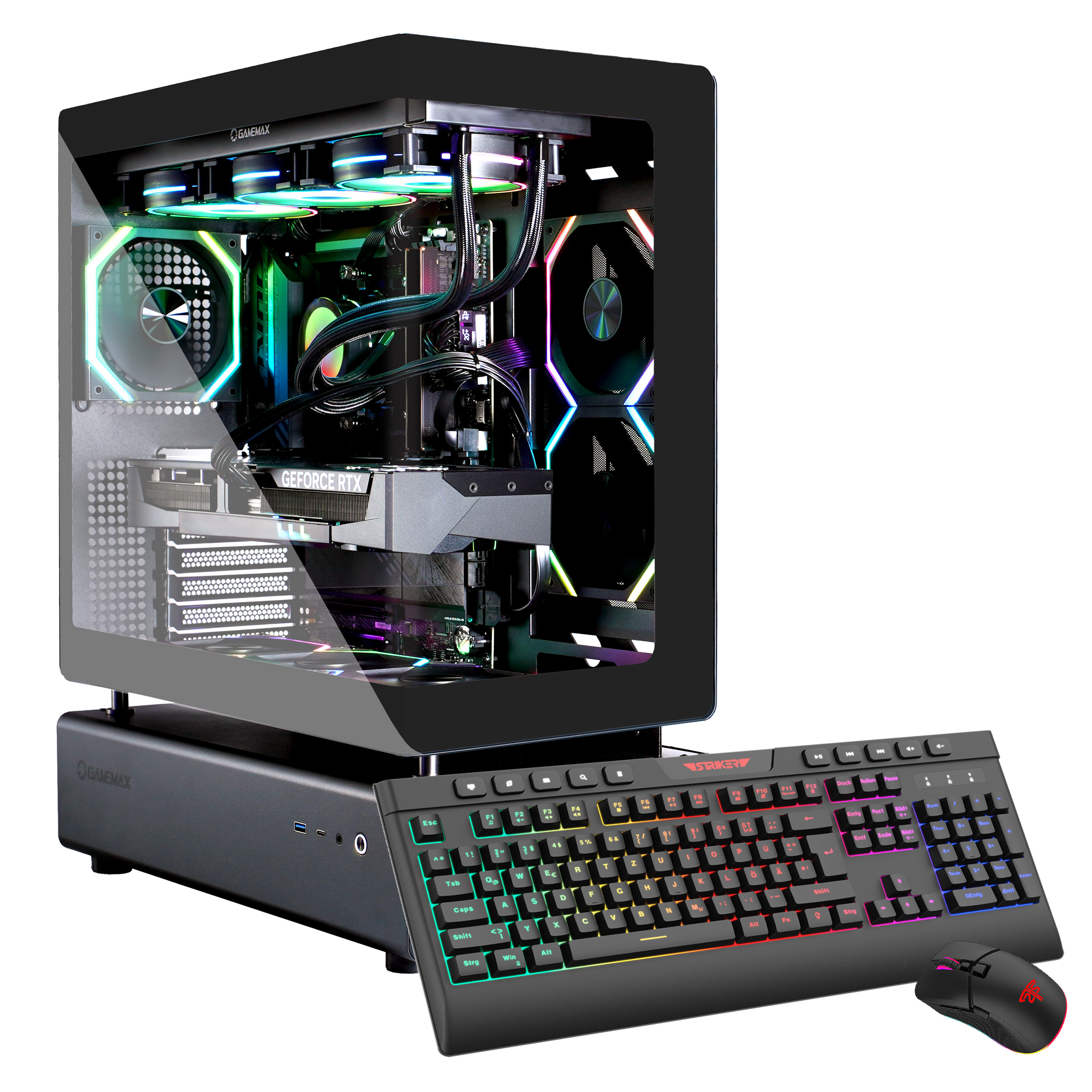 Ein beleuchteter Gaming-PC mit Tastatur und Maus auf weißem Hintergrund.