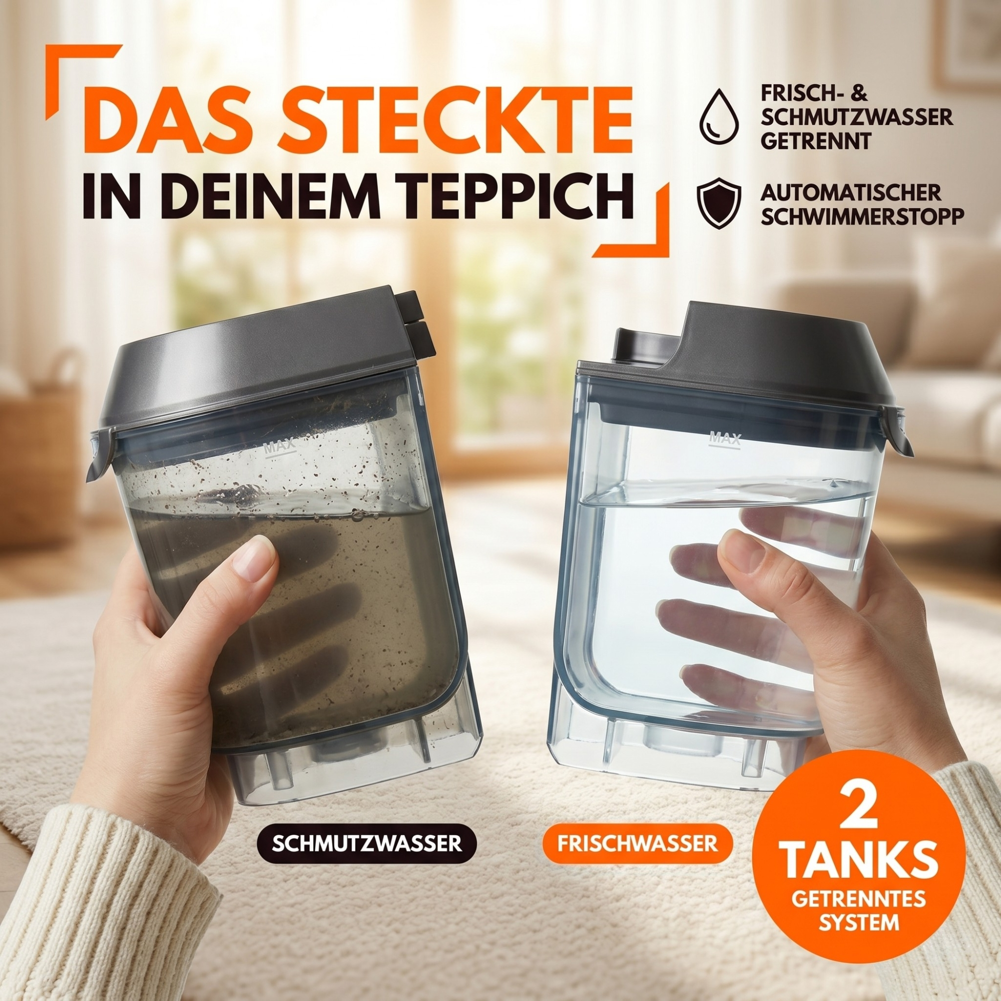 Zwei Hände halten zwei Behälter. Einer enthält schmutziges Wasser, der andere sauberes.