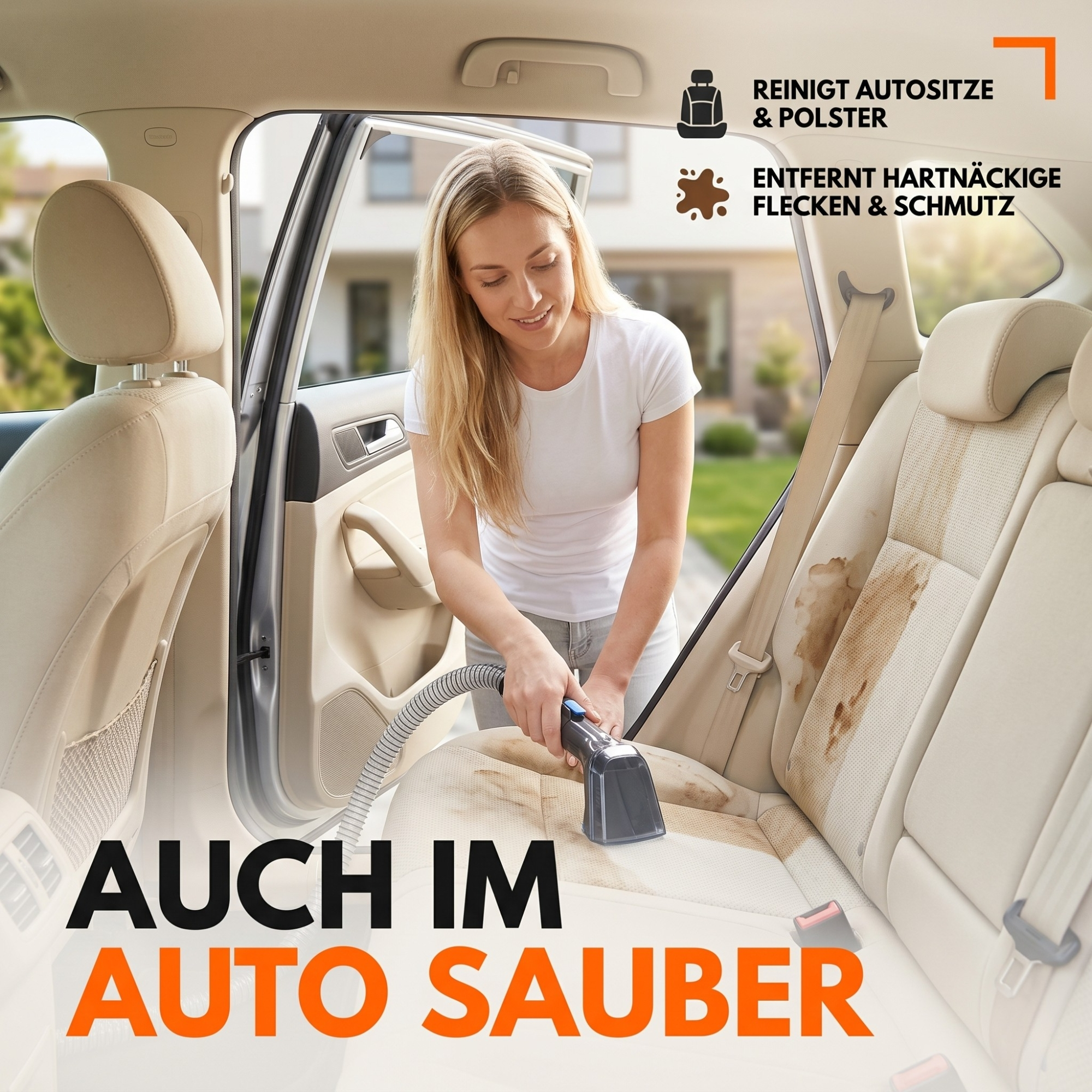 Frau reinigt Autositz mit Flecken mit einem Reinigungsgerät.