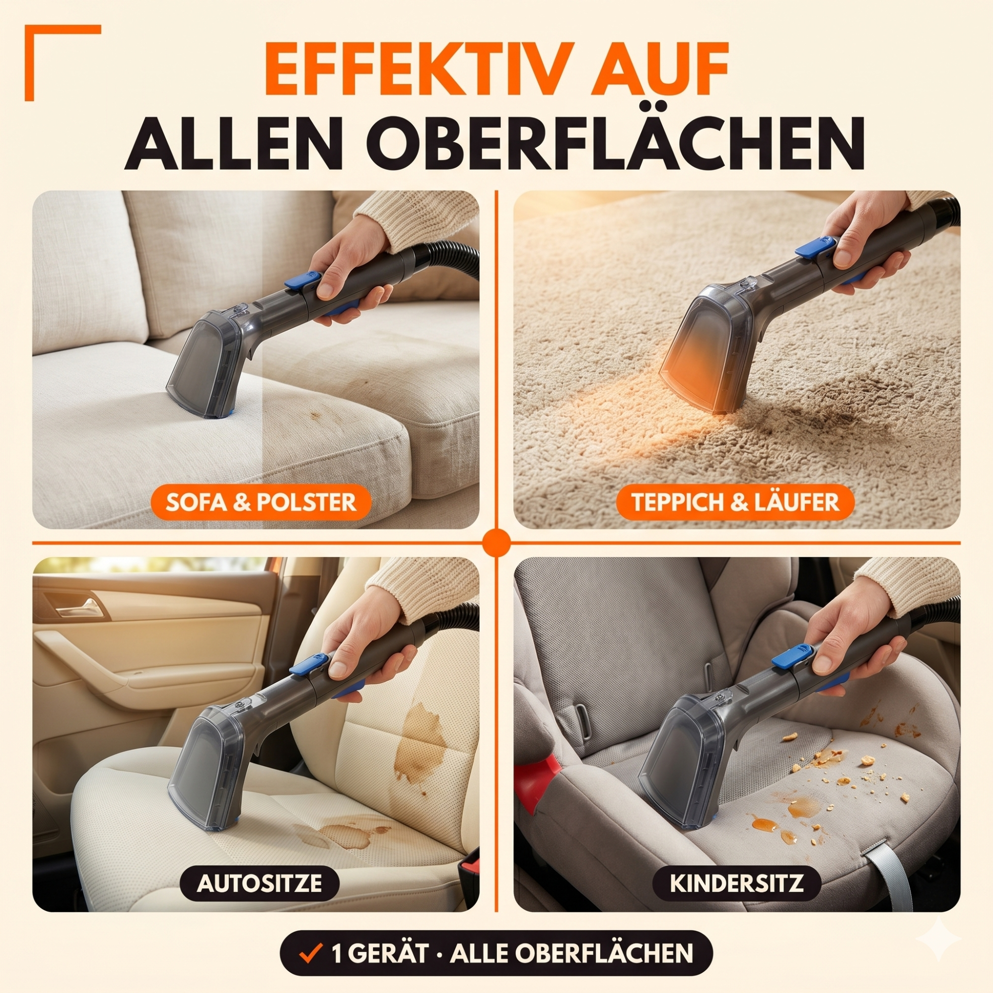 Vier Bilder zeigen Reinigung von Sofa, Teppich, Autositz und Kindersitz.