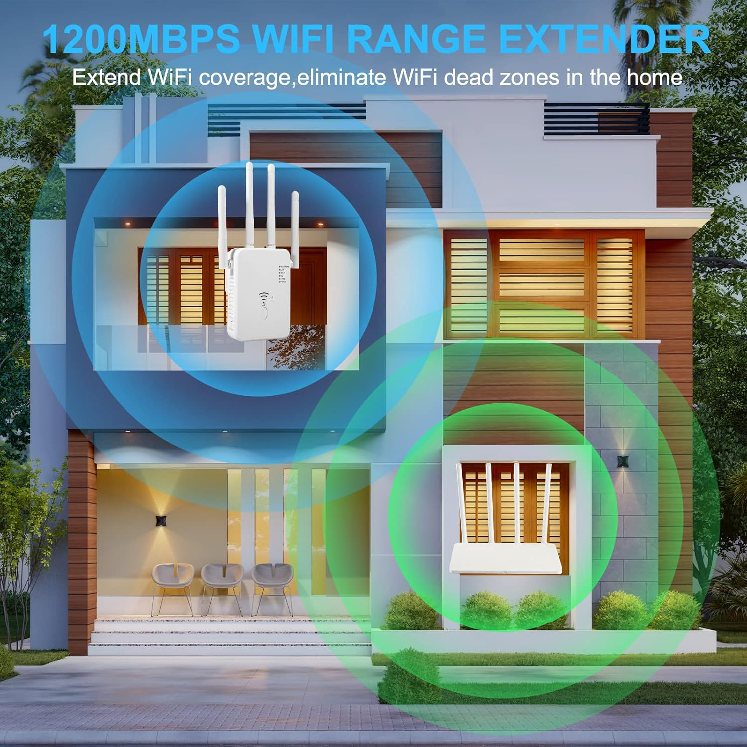 Ein WLAN-Extender mit Antennen vor einem Haus, der die Signalstärke anzeigt.