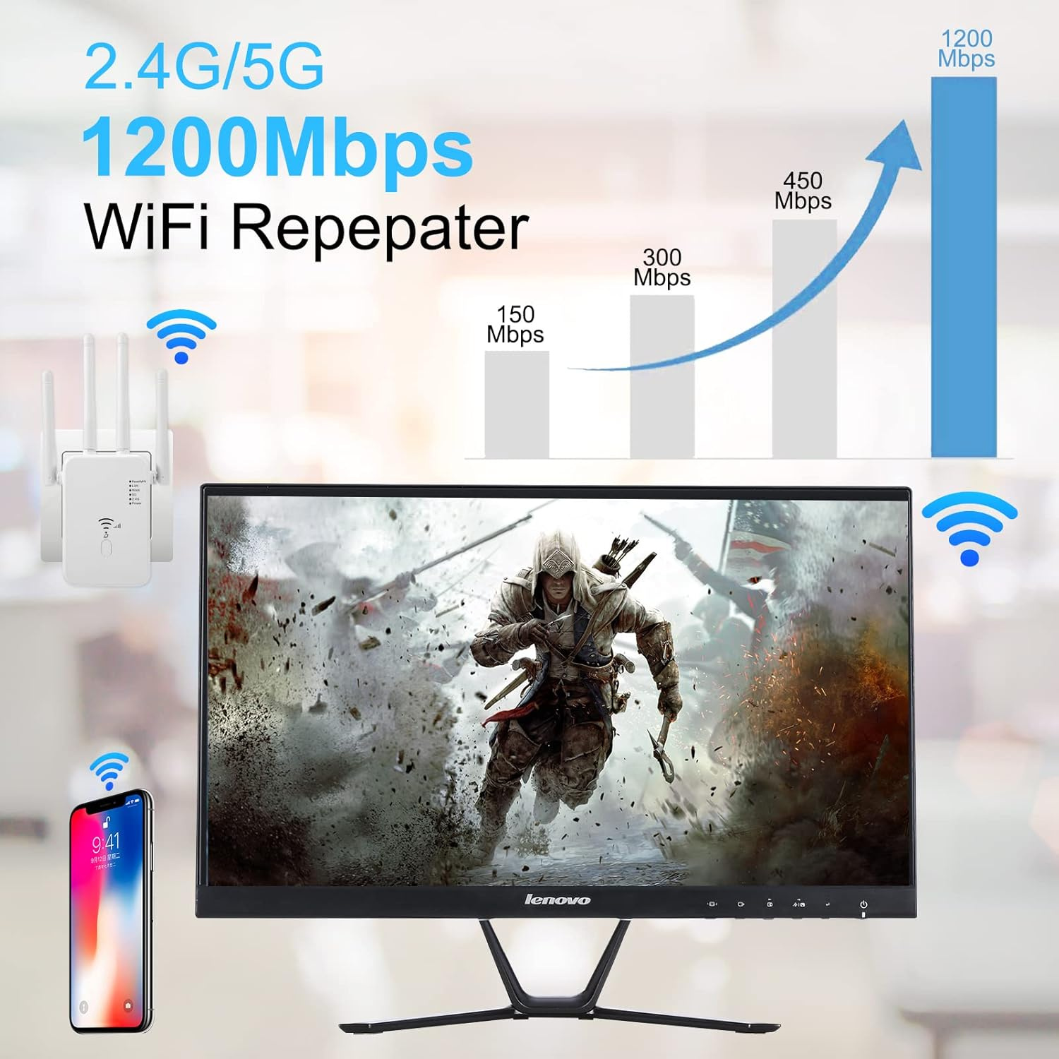 Ein WLAN-Repeater mit 1200 Mbit/s, ein Smartphone und ein Monitor mit Spielszene.