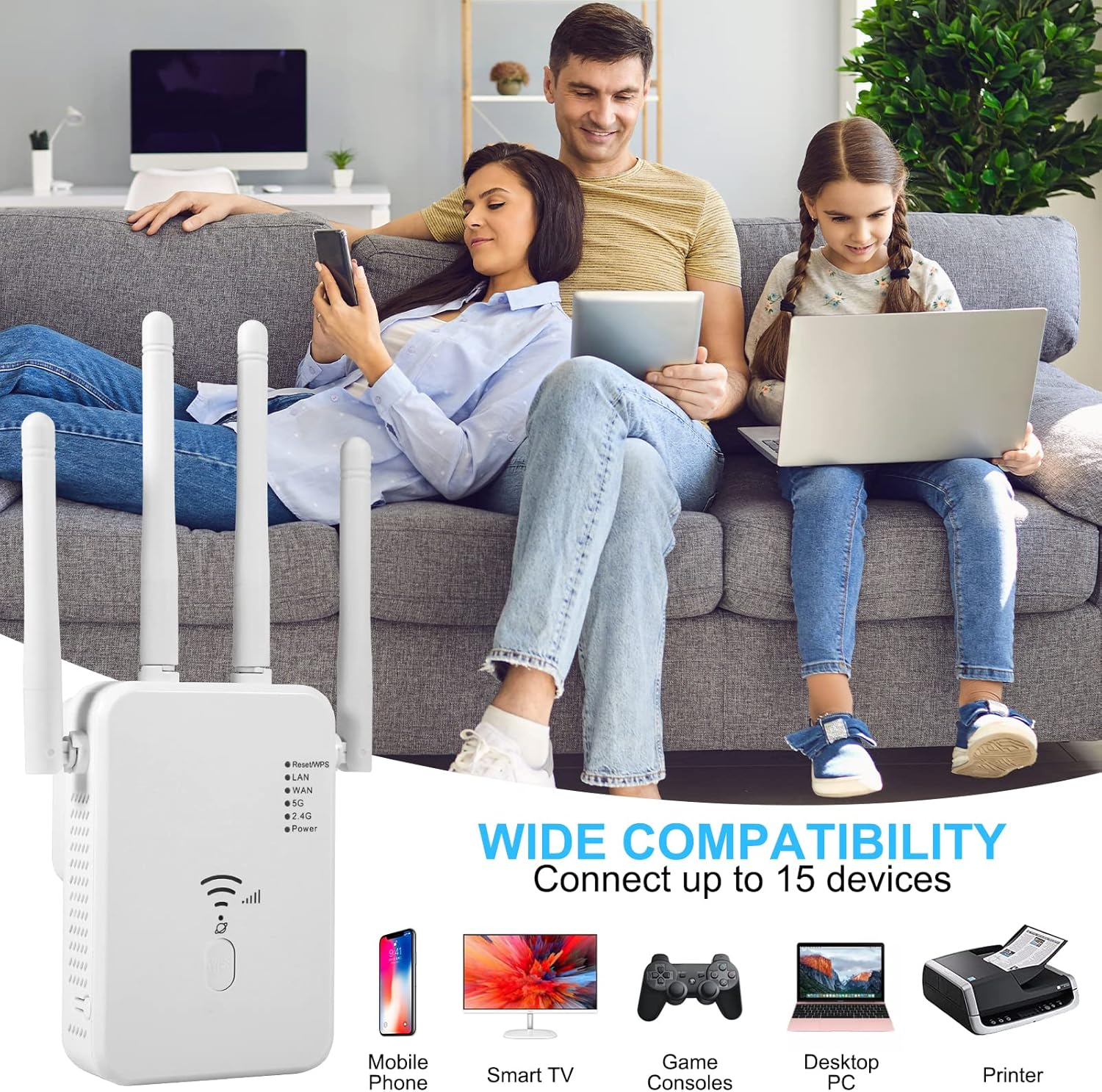 Familie im Wohnzimmer, Router und verschiedene Geräte.