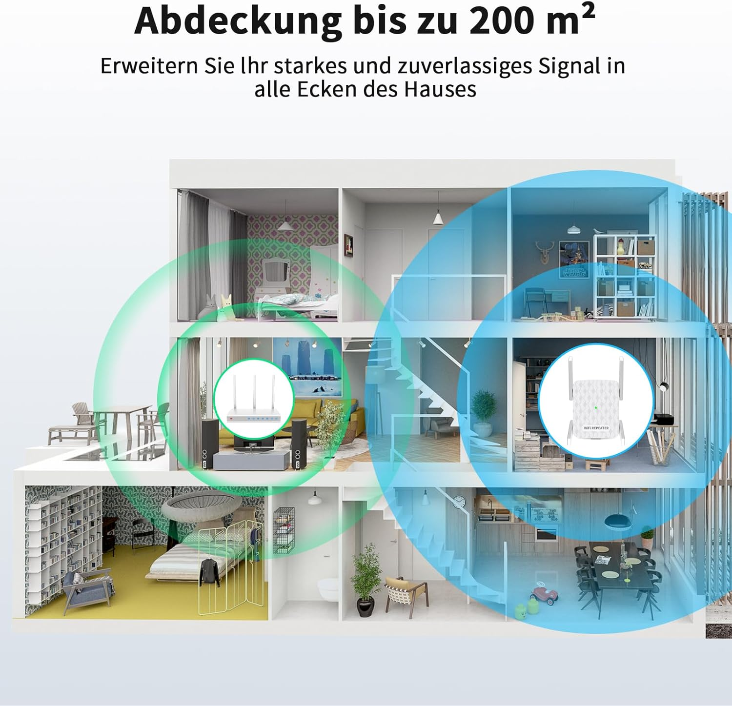 Ein Haus mit mehreren Etagen, das WLAN-Abdeckung zeigt.