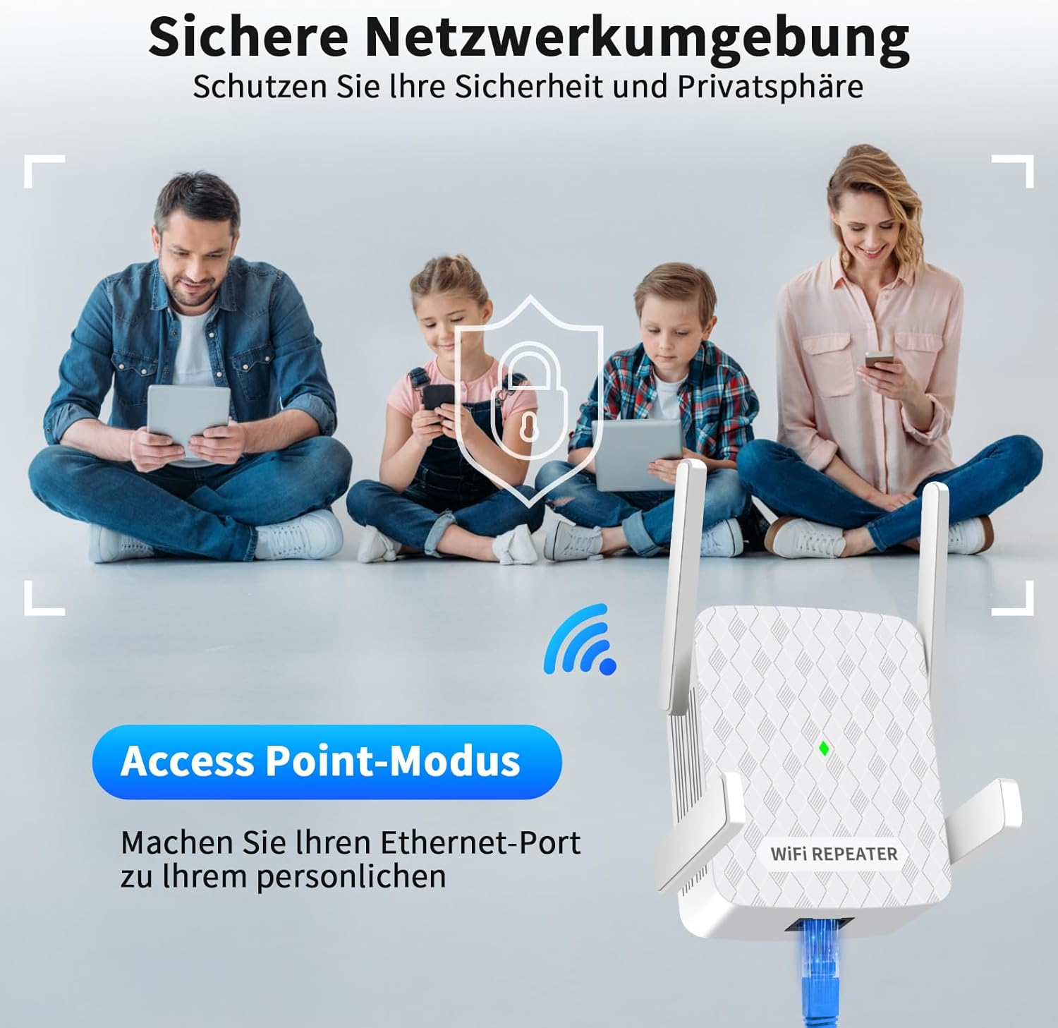 Familie nutzt Geräte mit WLAN-Repeater. Sichere Netzwerkumgebung.