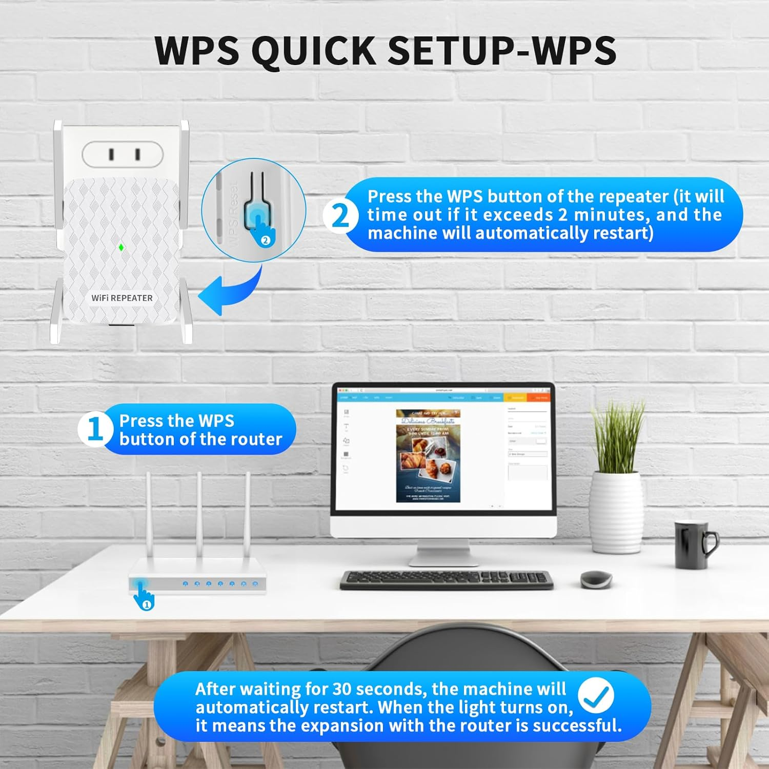Einrichtung eines WLAN-Repeaters mit WPS. Router und Repeater auf einem Schreibtisch.
