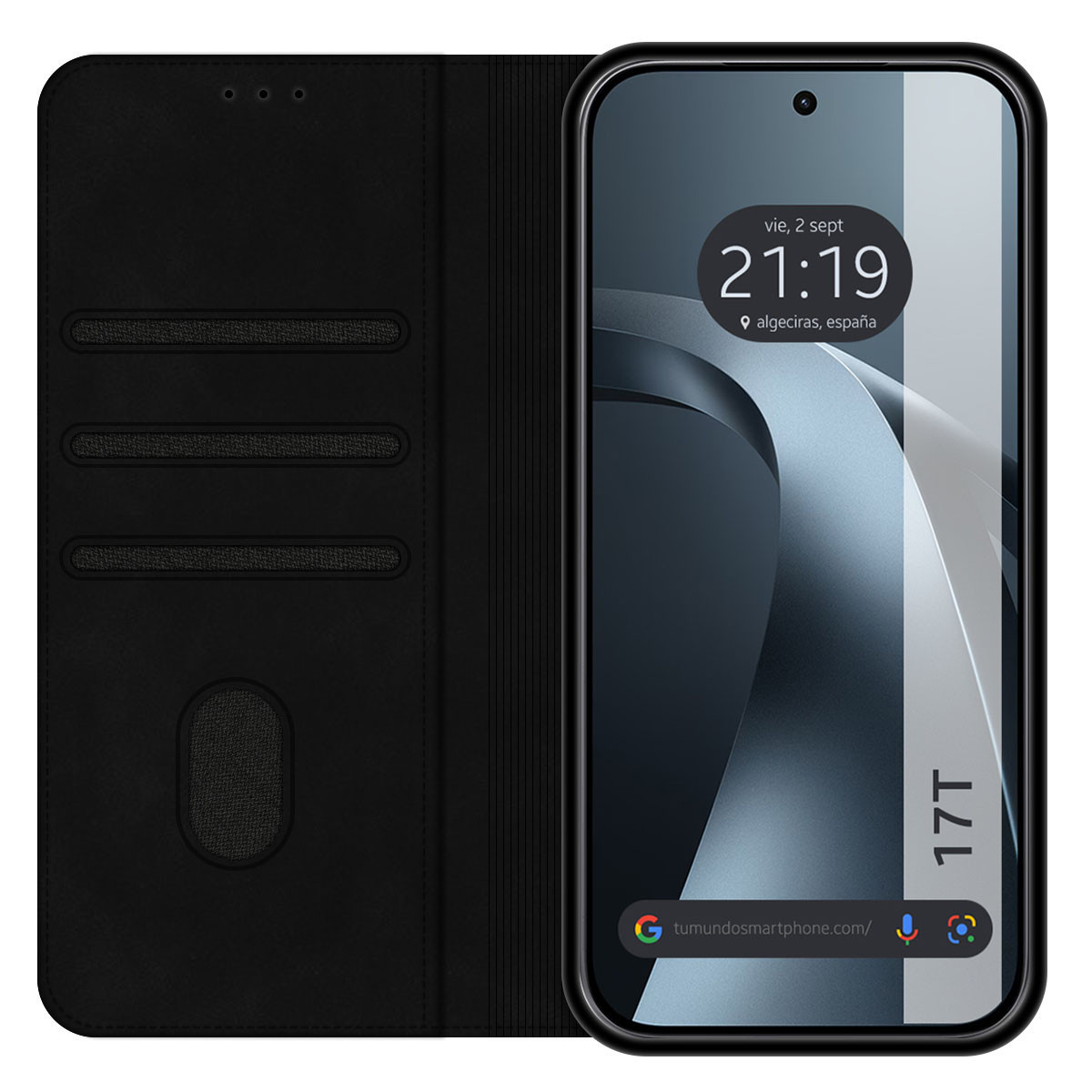 Un teléfono plegable negro abierto, revelando una pantalla de smartphone con hora y fecha.